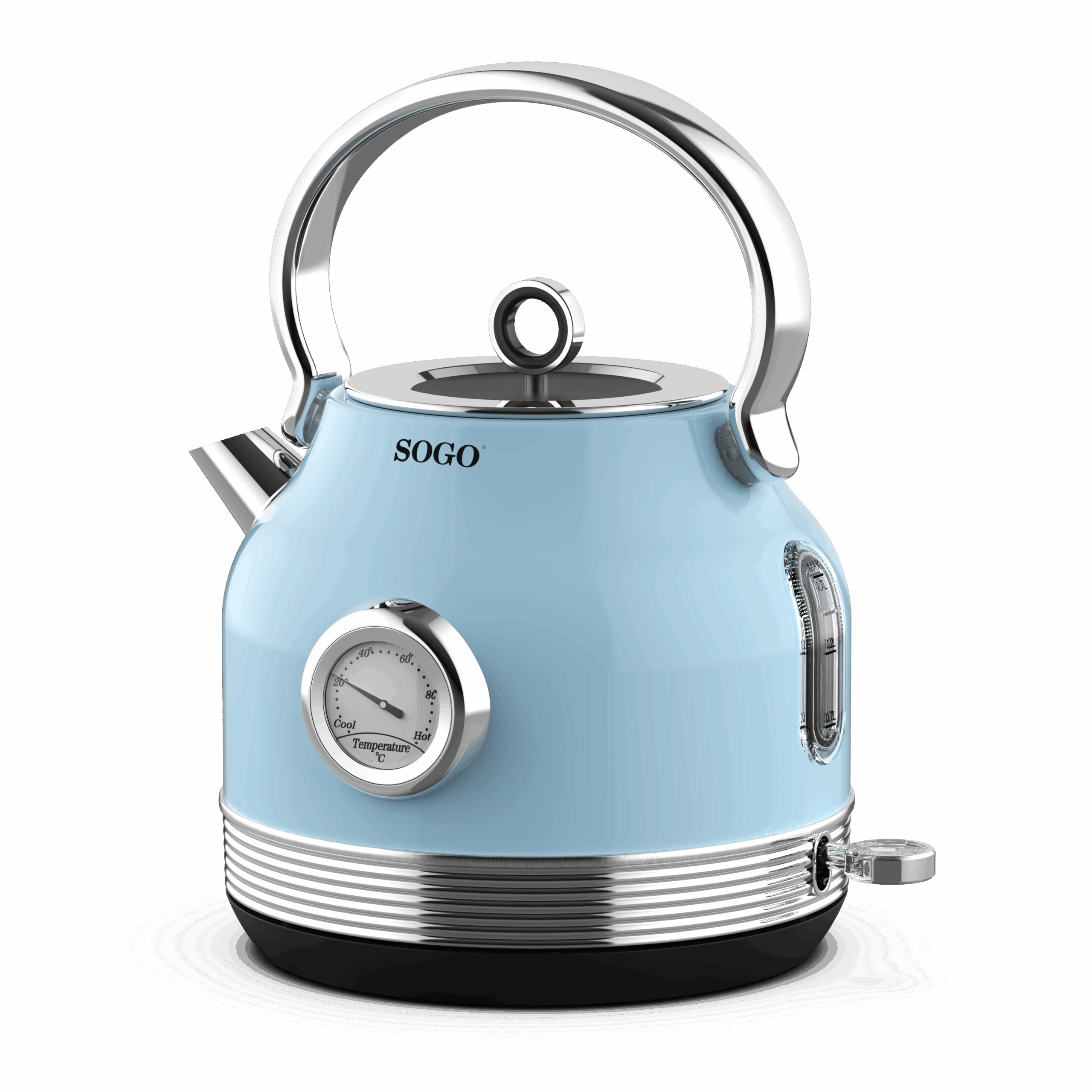 Un bollitore SOGO azzurro con dettagli cromati e un indicatore di temperatura.