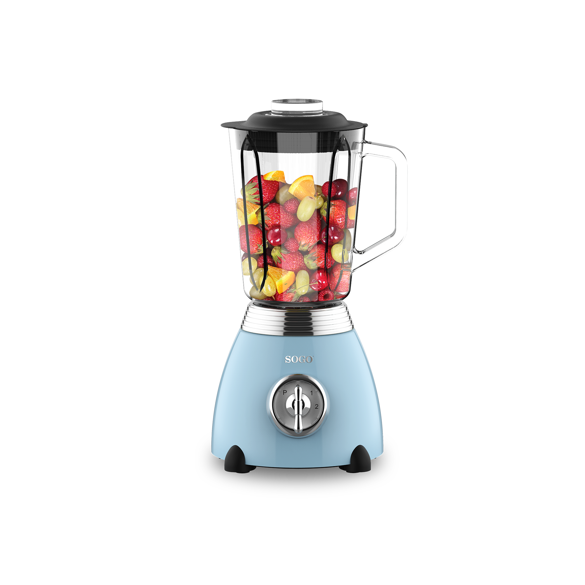 Una licuadora azul claro con vaso de cristal lleno de frutas como fresas, naranjas y cerezas.