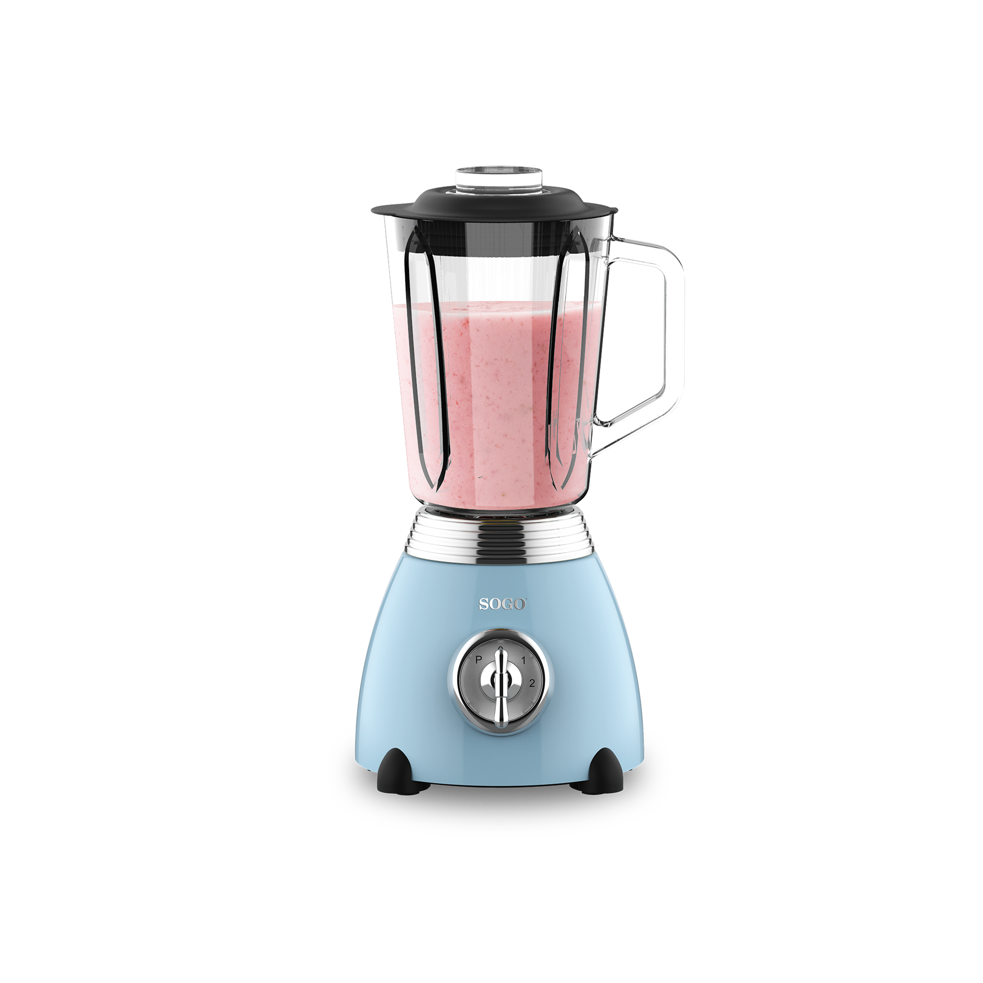 Una licuadora azul claro con un vaso de vidrio lleno de un batido rosa.