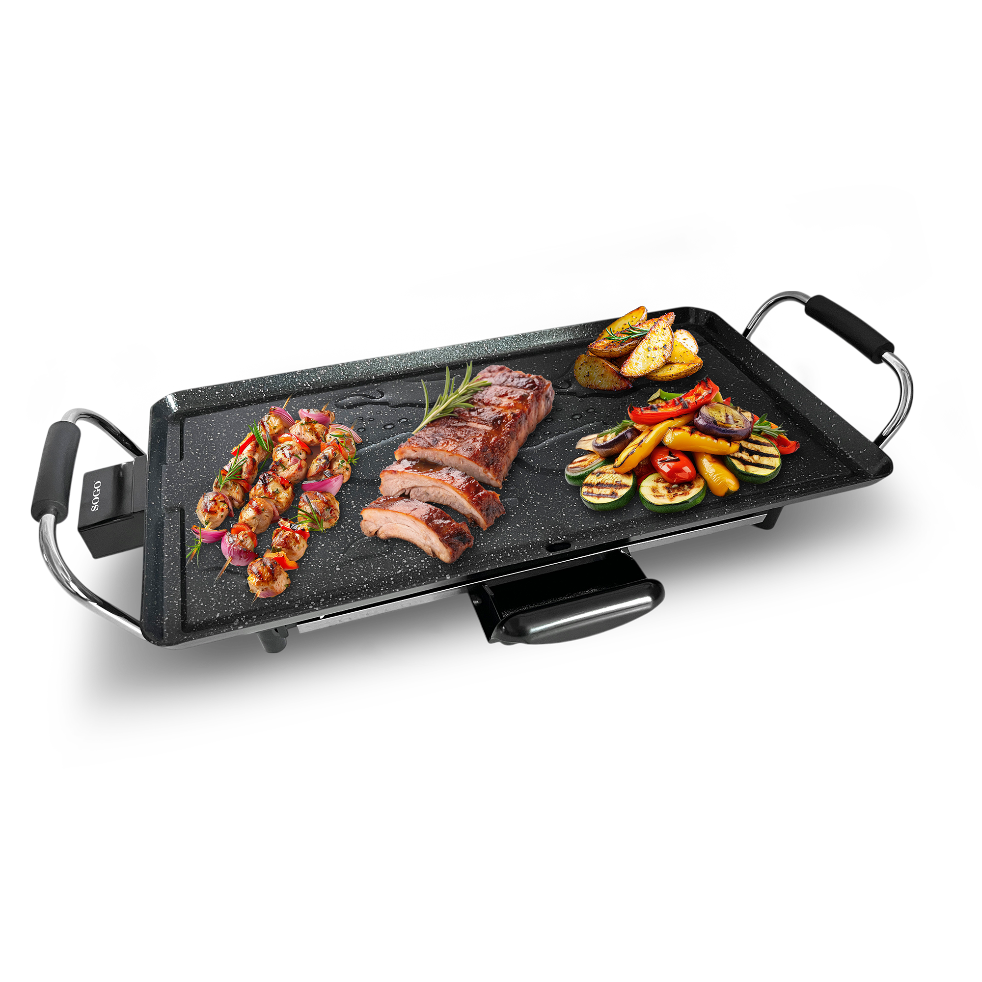 Plancha con costillas, brochetas, patatas y verduras.