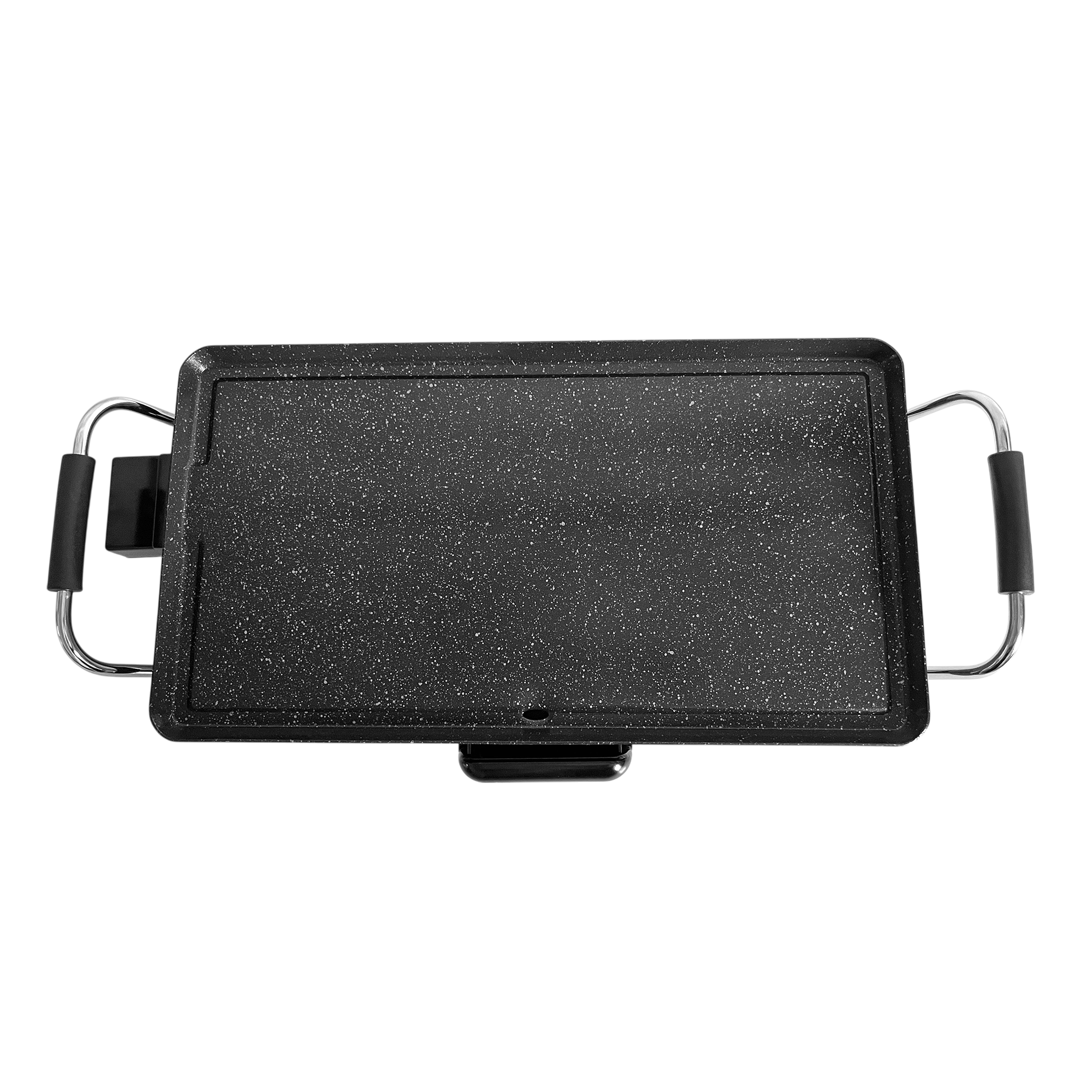 Una plancha eléctrica rectangular con superficie de aspecto granito y asas plateadas.