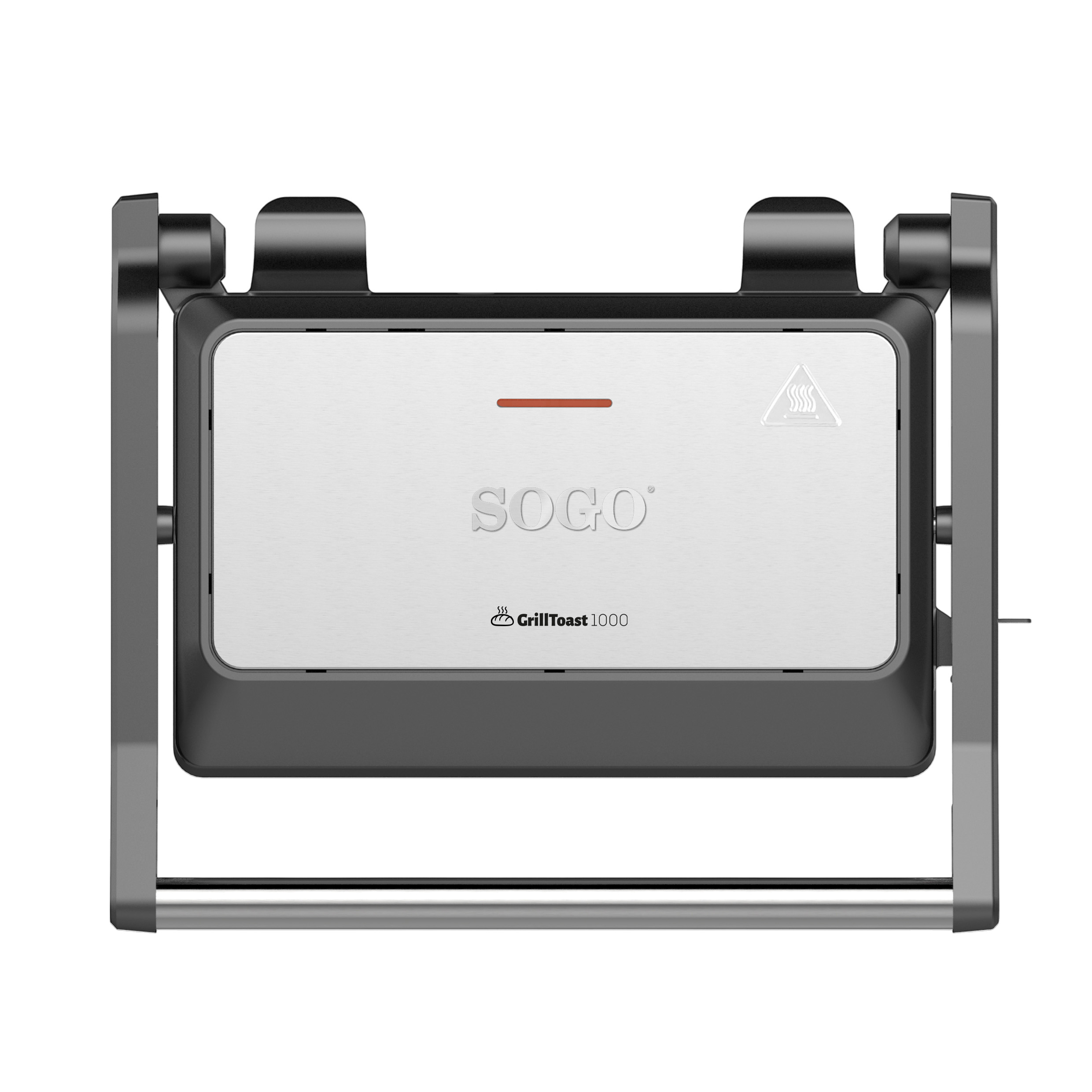 Un tostapane Sogo GrillToast 1000 con frontale argentato e spia rossa.