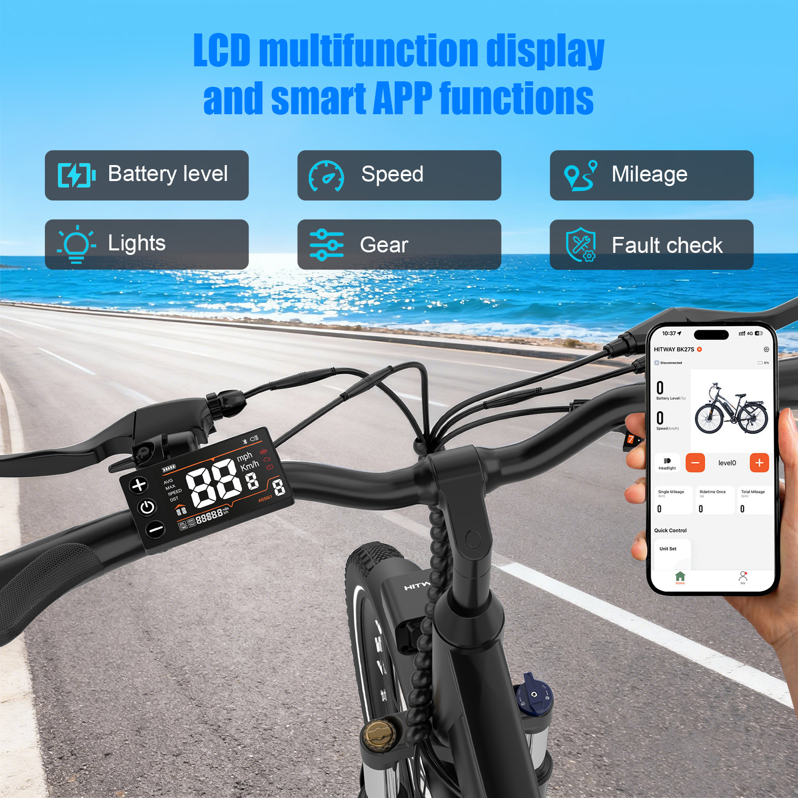 Bicycle handlebars with LCD display and smartphone app. Battery level, speed, mileage shown.