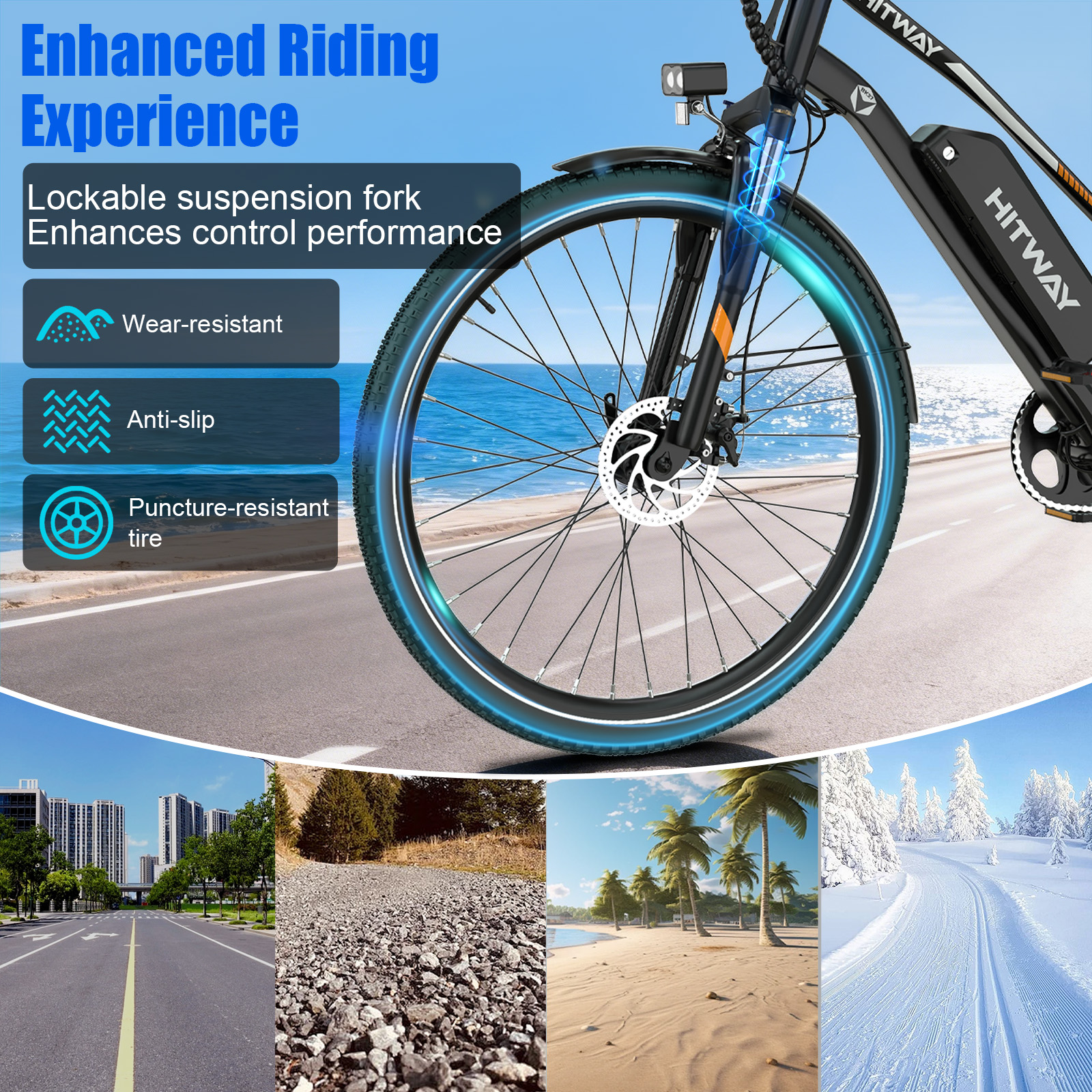 E-bike features: suspension fork, tires, and diverse terrains: city, gravel, beach, snow.