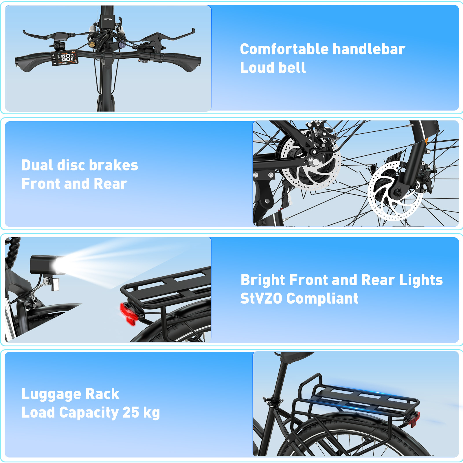 E-bike handlebars with display, dual disc brakes, lights, and luggage rack.