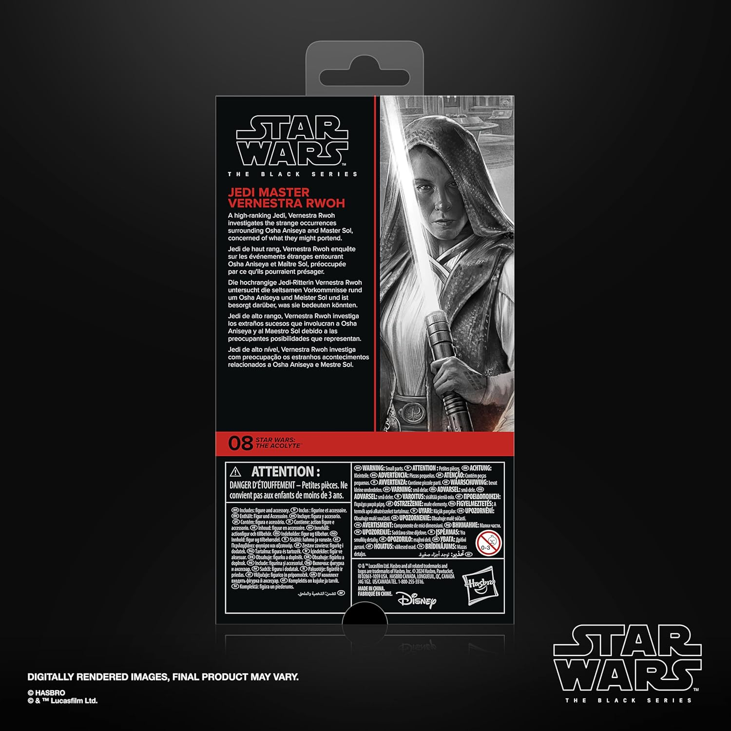 Figura Star Wars Vernestra Rwoh con sable de luz, en caja con advertencias.