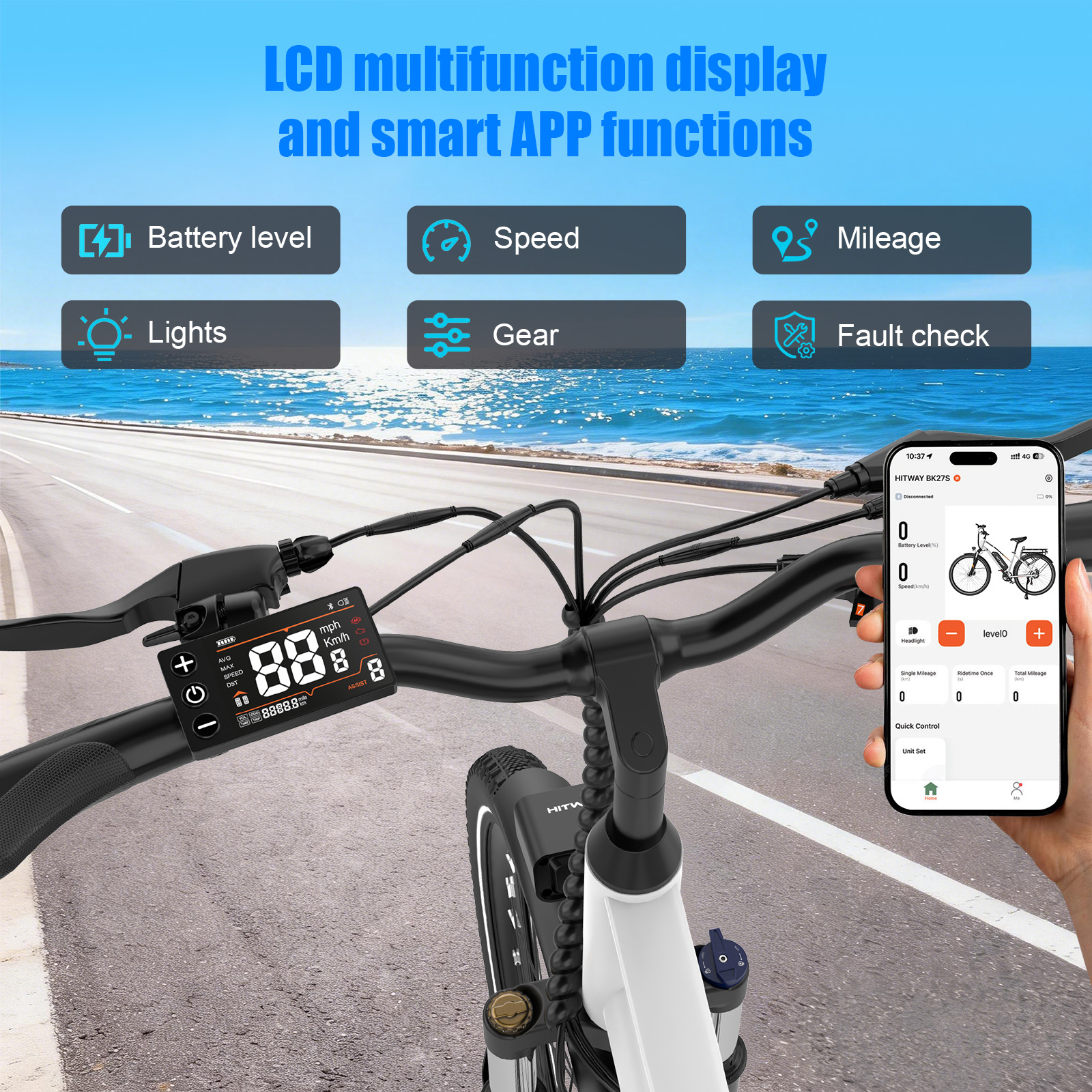 E-bike handlebars with LCD display showing speed and battery, and a smartphone app.