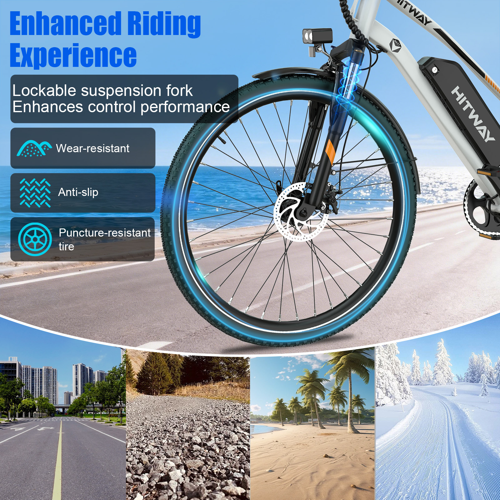 E-bike with suspension fork, battery, disc brake. Four scenes: city, gravel, beach, snow.
