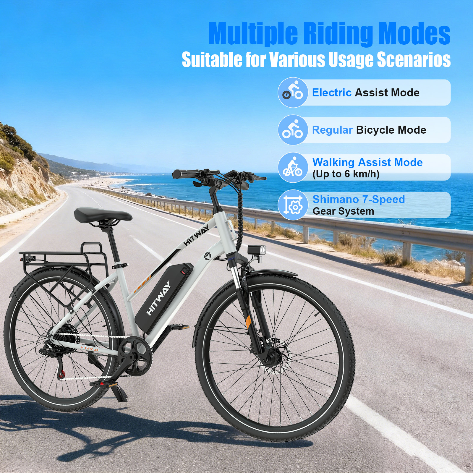 A white e-bike rides on a coastal road with the ocean in the background.