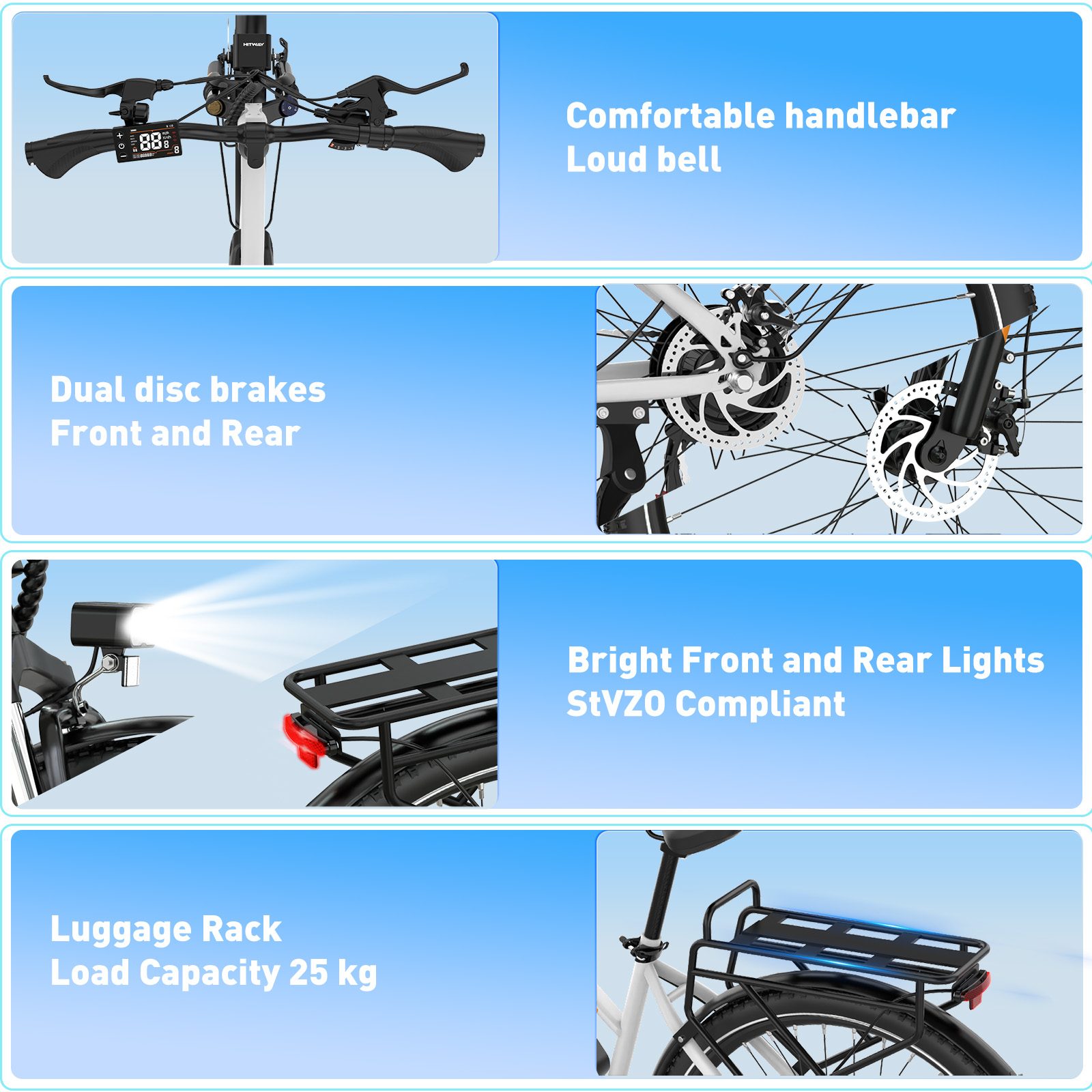 E-bike: Handlebar with display, dual disc brakes, lights, luggage rack.