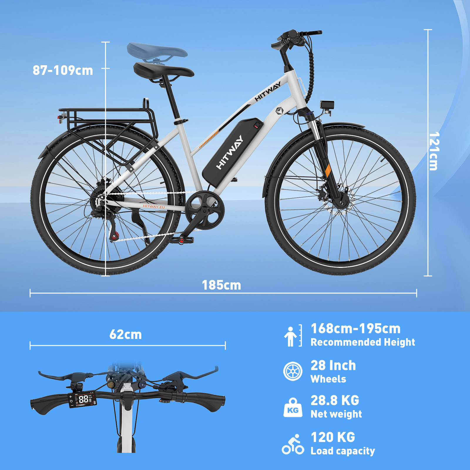 A white e-bike with black details and dimension markings.