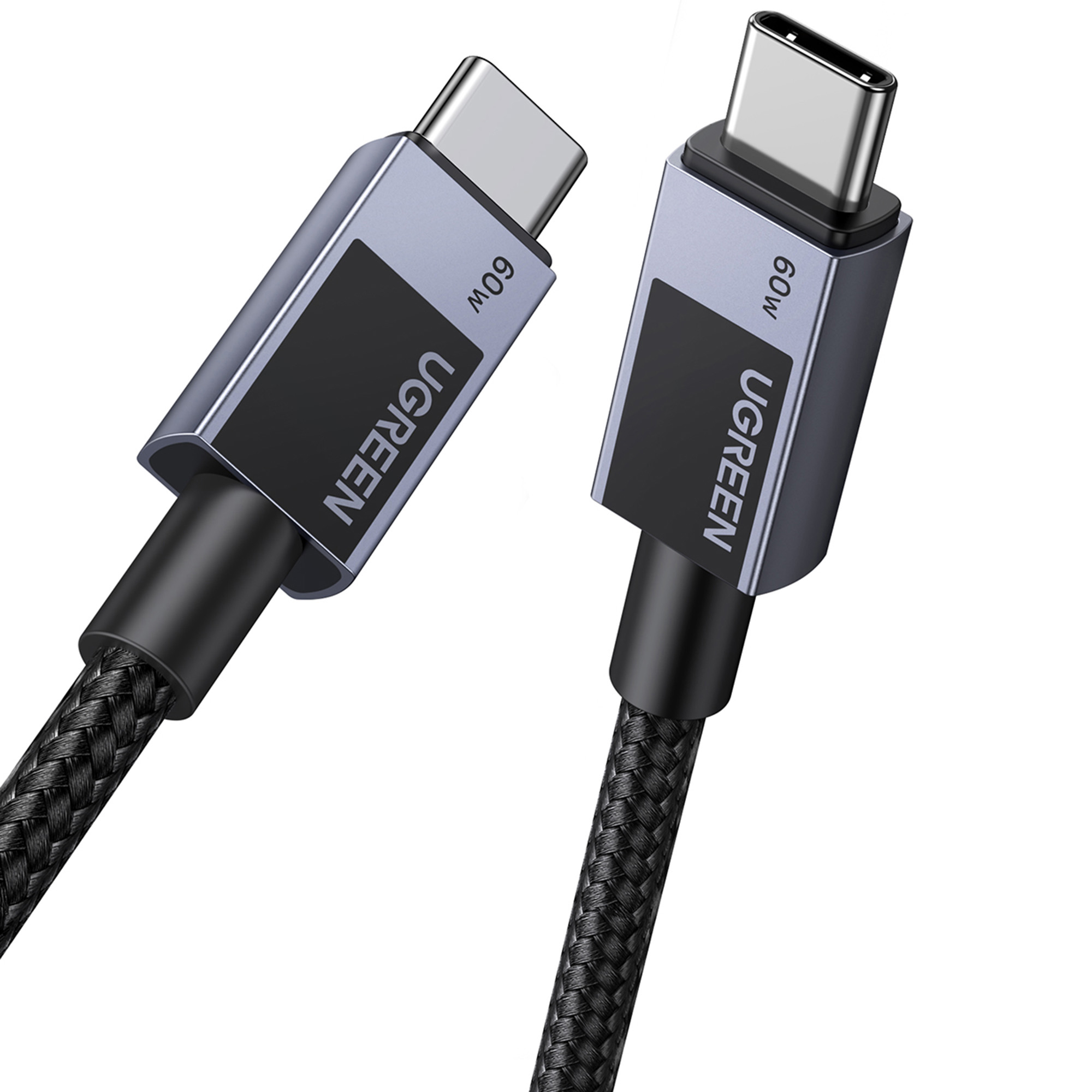 Dwa kable USB-C UGREEN 60W na białym tle.