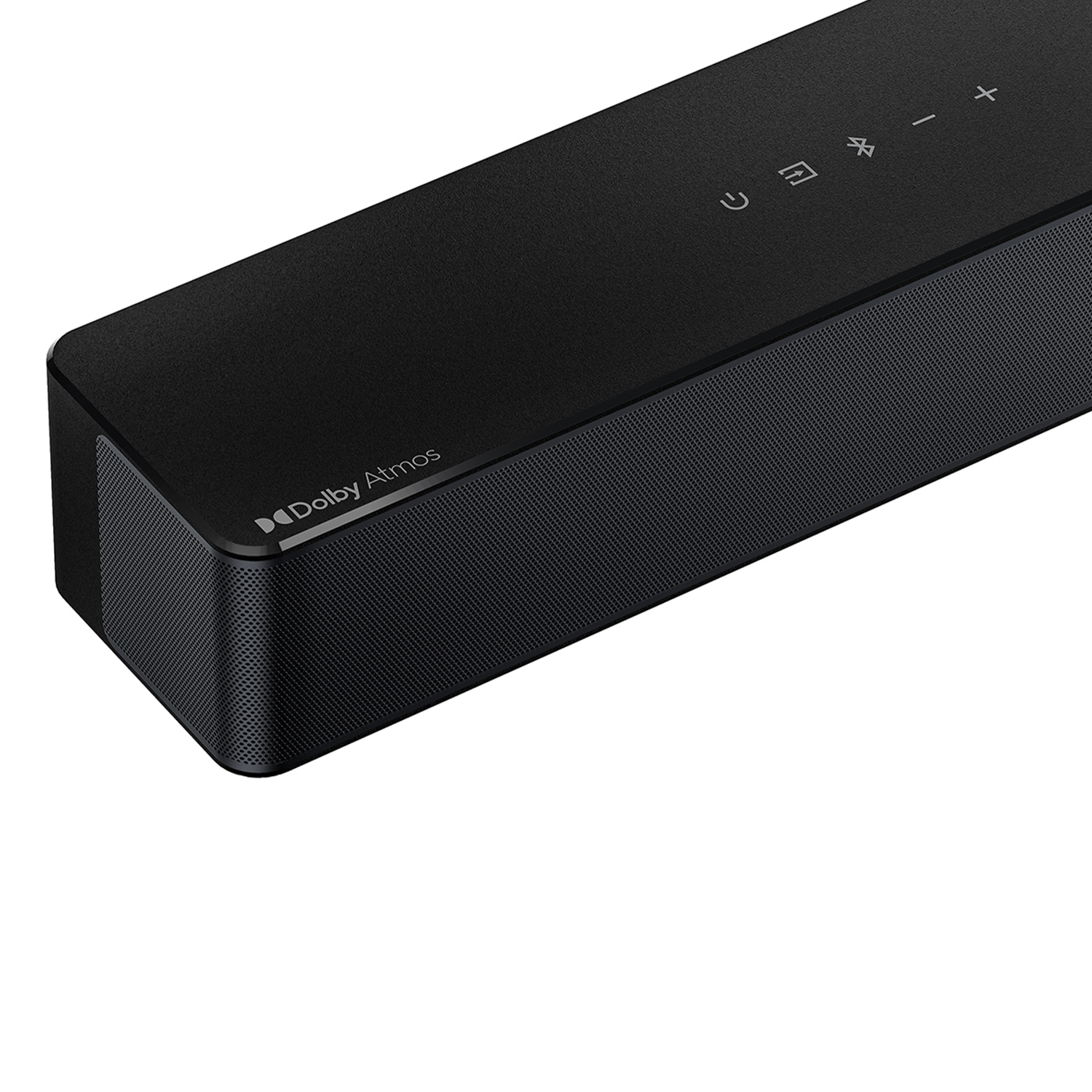 Schwarzer Dolby Atmos Soundbar mit Bedienelementen und Gitter.
