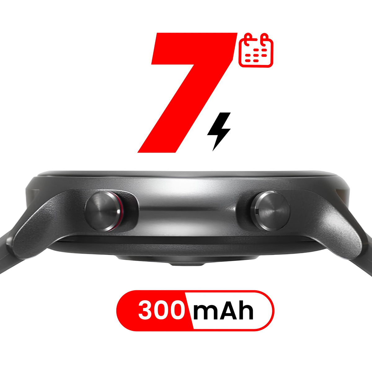 Gray smartwatch with 7-day battery life and 300 mAh.