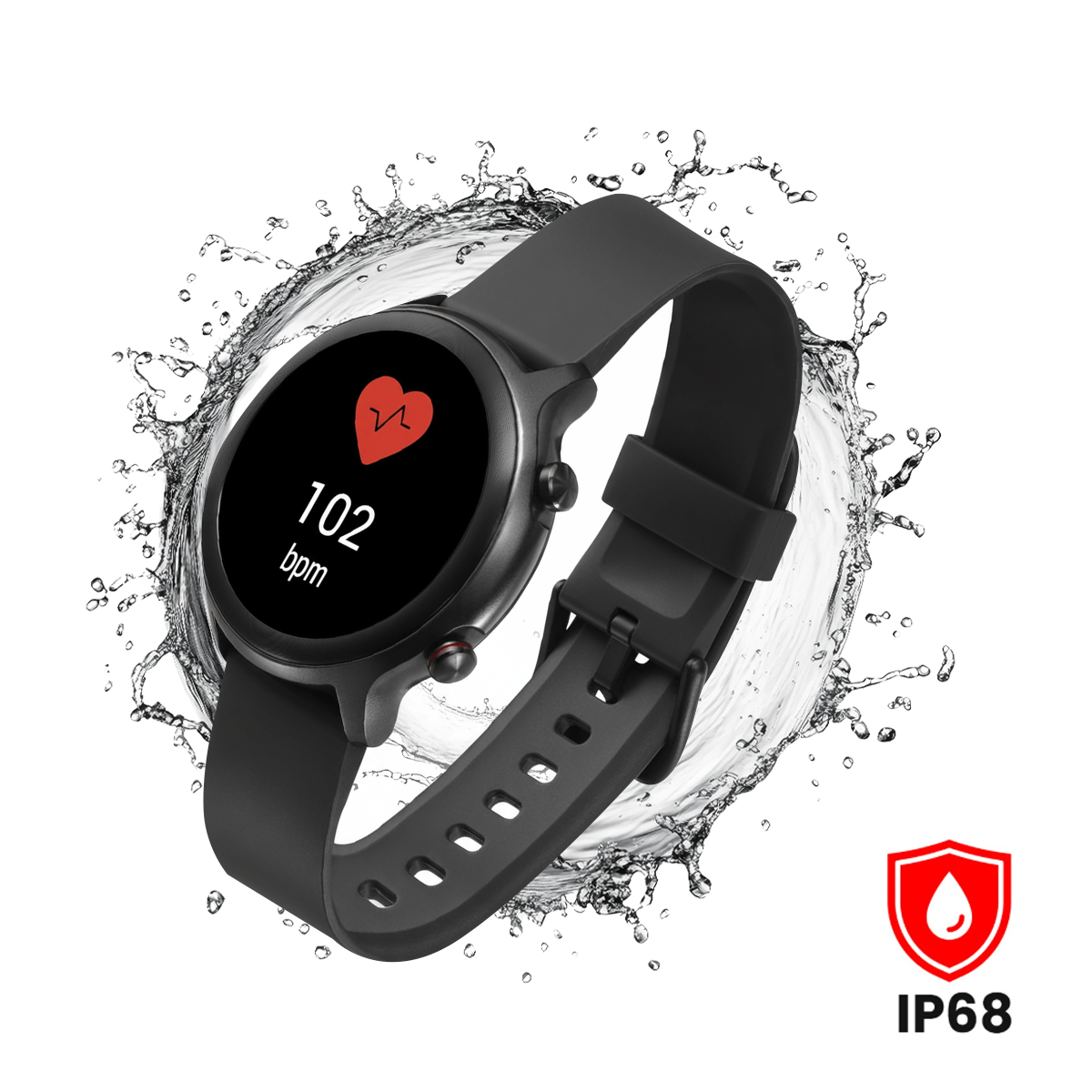 Black smartwatch with heart rate display 102 bpm surrounded by water splashes. IP68 logo.