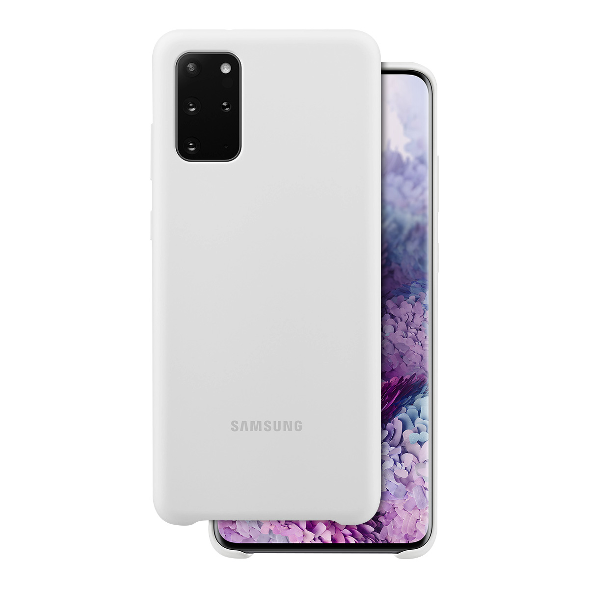 Ein weißes Samsung-Handy mit einer Kameraschale und lilafarbenem Hintergrund.