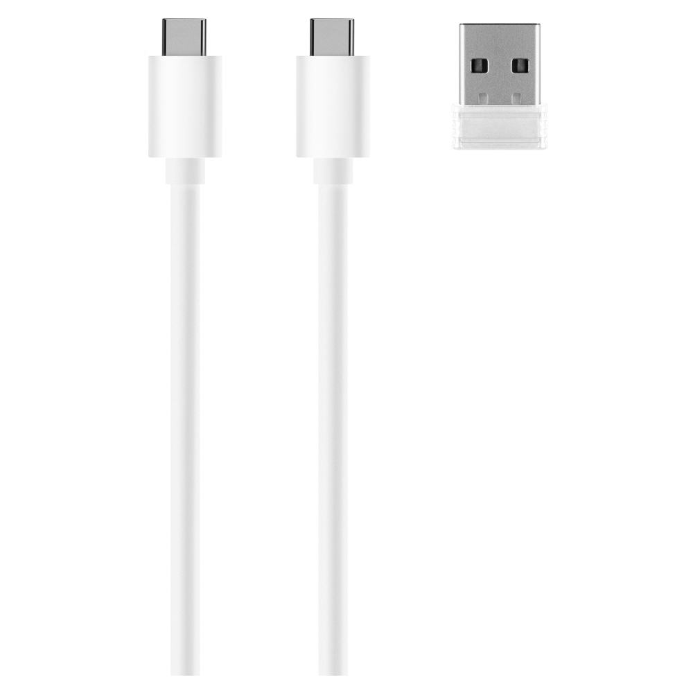 Dwa białe kable USB-C i wtyczka USB-A na białym tle.
