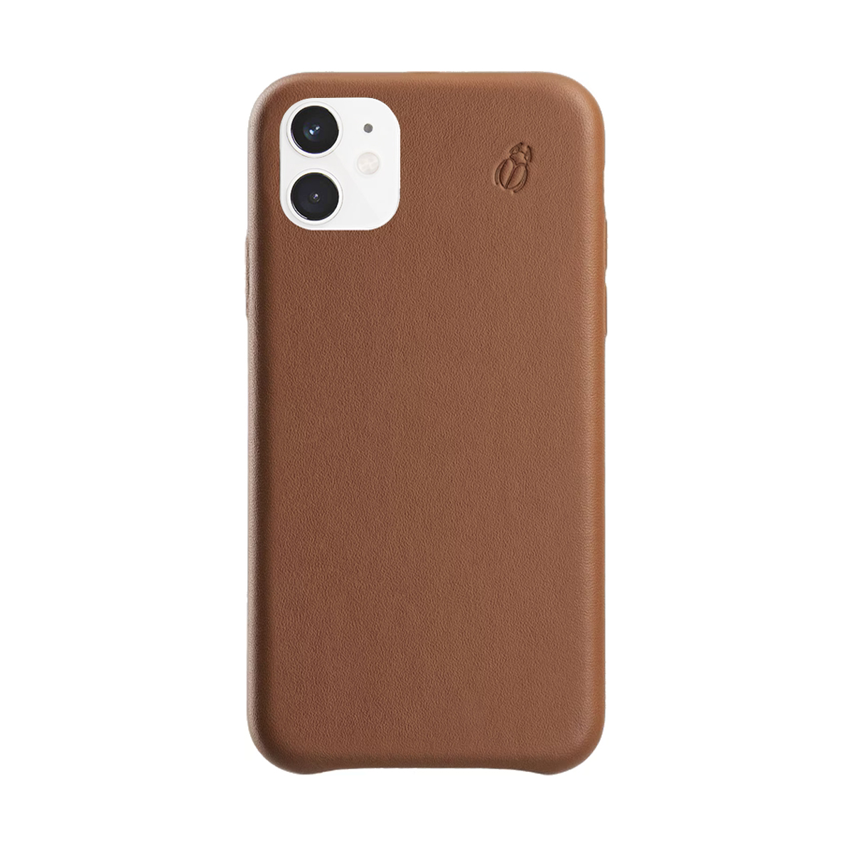 Una custodia per telefono marrone con sistema di fotocamere e logo.