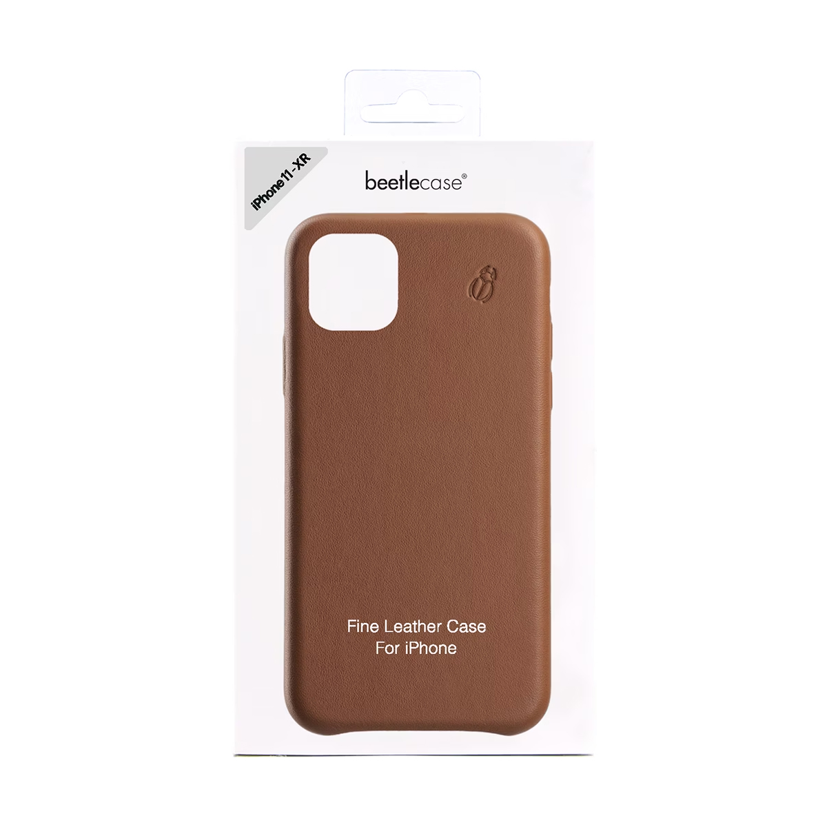 Custodia in pelle marrone per iPhone 11 XR, in confezione.