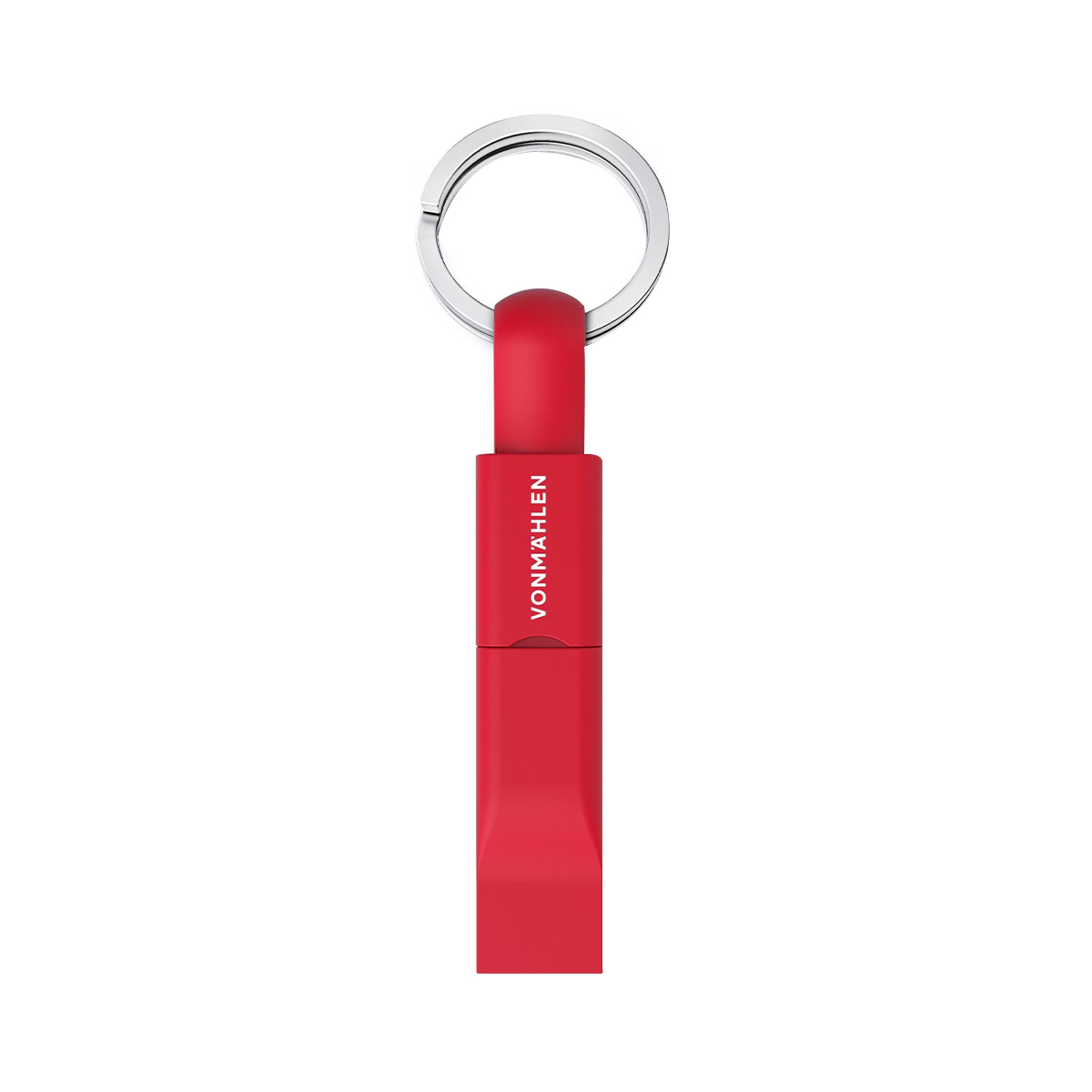 Un portachiavi rosso con connettore USB-C e anello argentato.