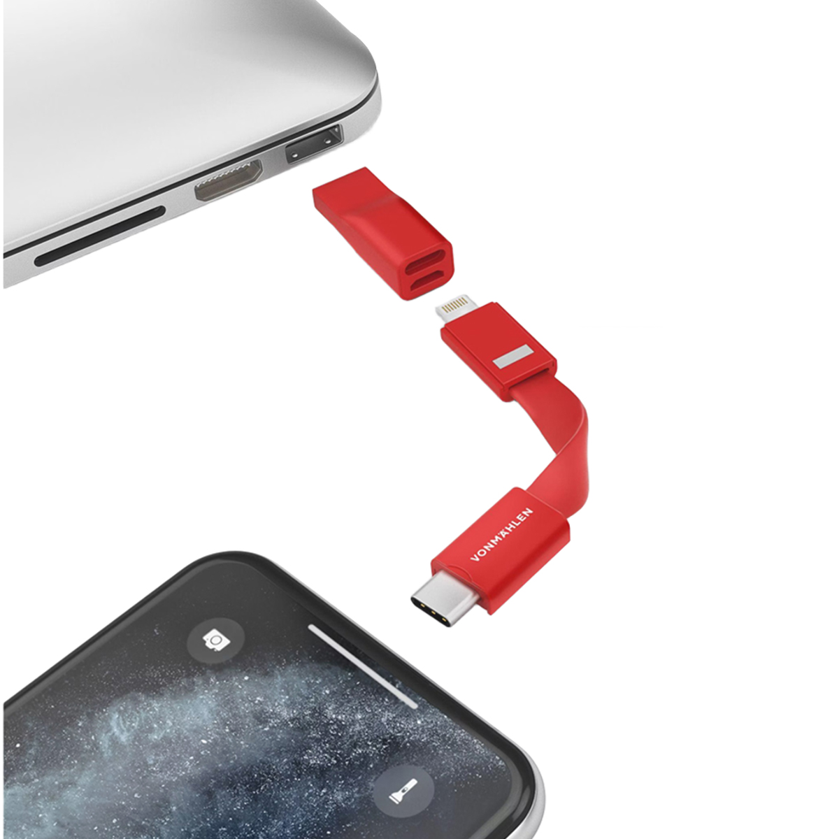 Cavo rosso collega laptop a smartphone; connettori USB-C e Lightning.