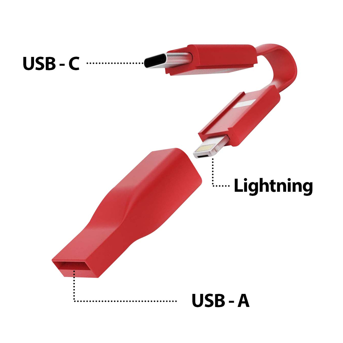 Un cavo rosso che mostra connettori USB-C, Lightning e USB-A.