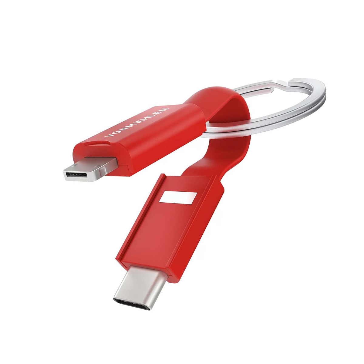 Portachiavi cavo di ricarica/dati rosso con connettori USB-C e Micro-USB.