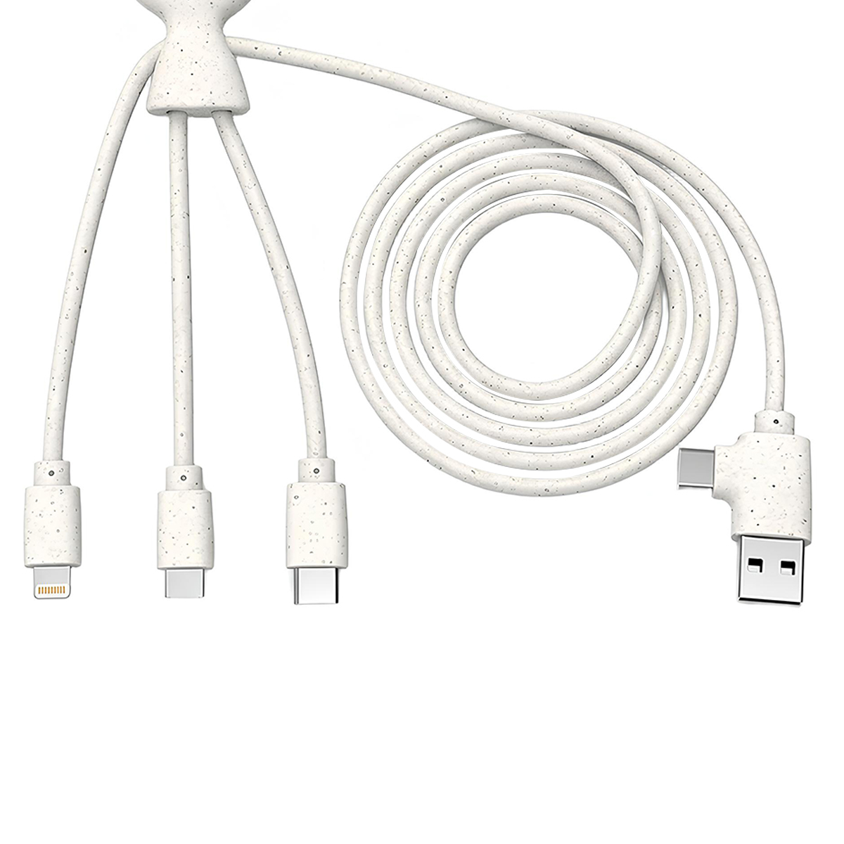 Un cavo di ricarica bianco con tre connettori diversi: Lightning, USB-C e USB-A.