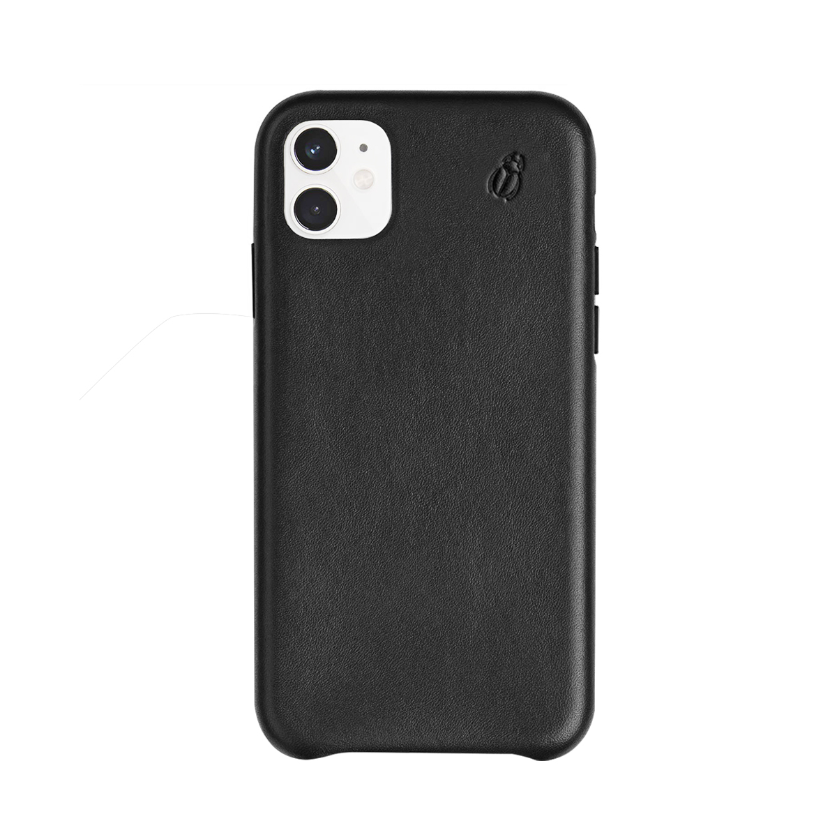 Custodia nera per telefono con due fotocamere e un piccolo logo.