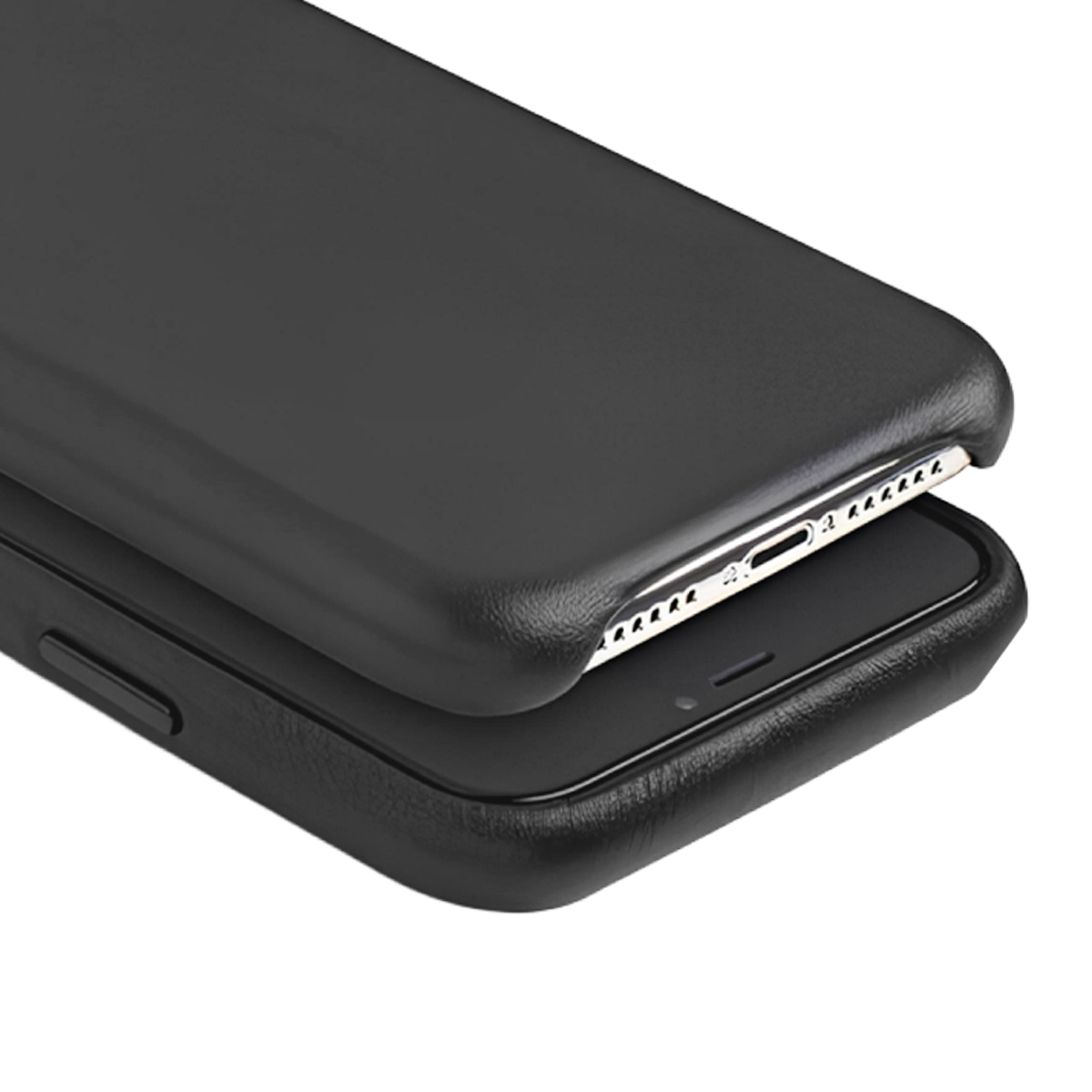 Custodia nera per telefono su uno smartphone, che mostra la porta di ricarica.