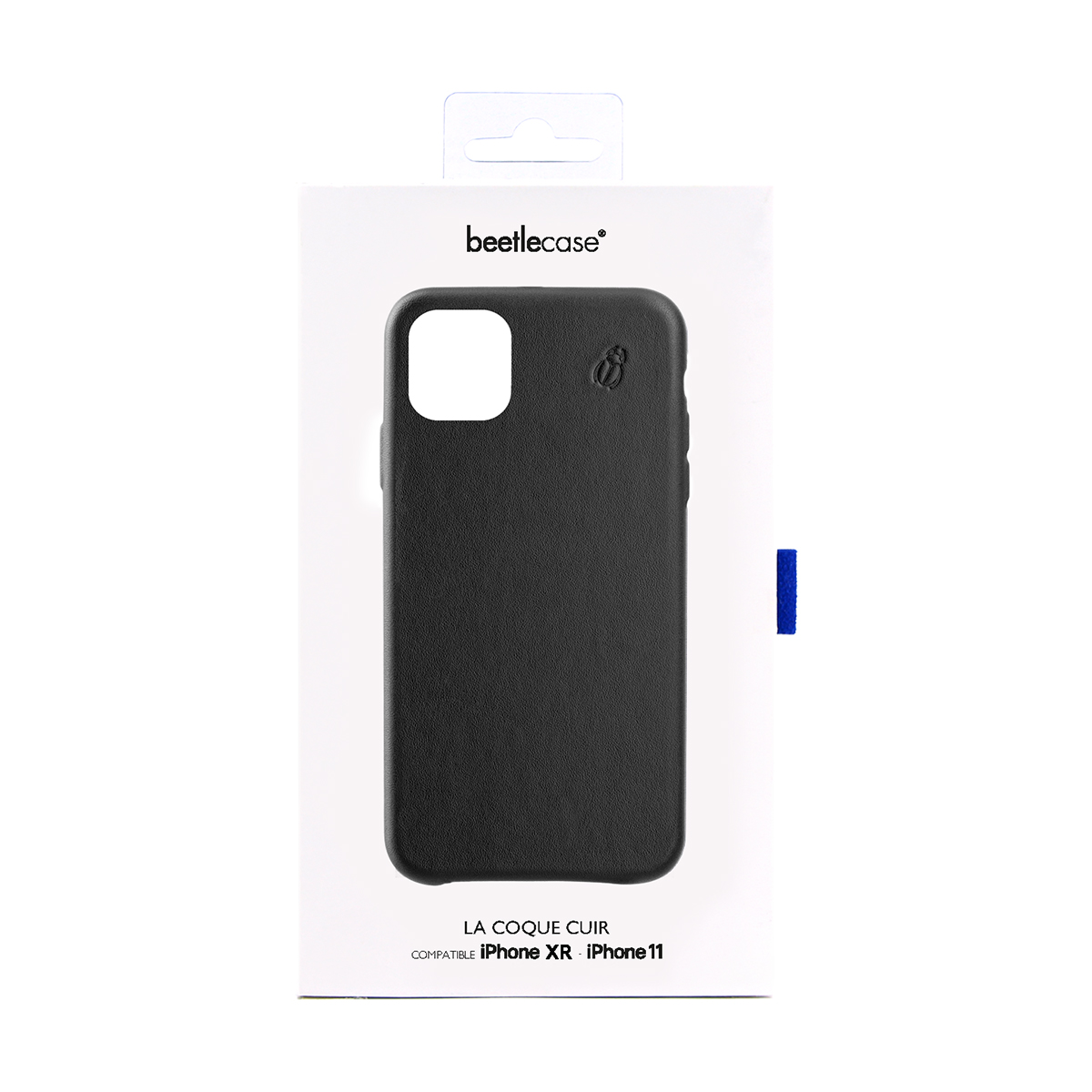 Custodia nera per iPhone XR/11 su confezione bianca con logo.