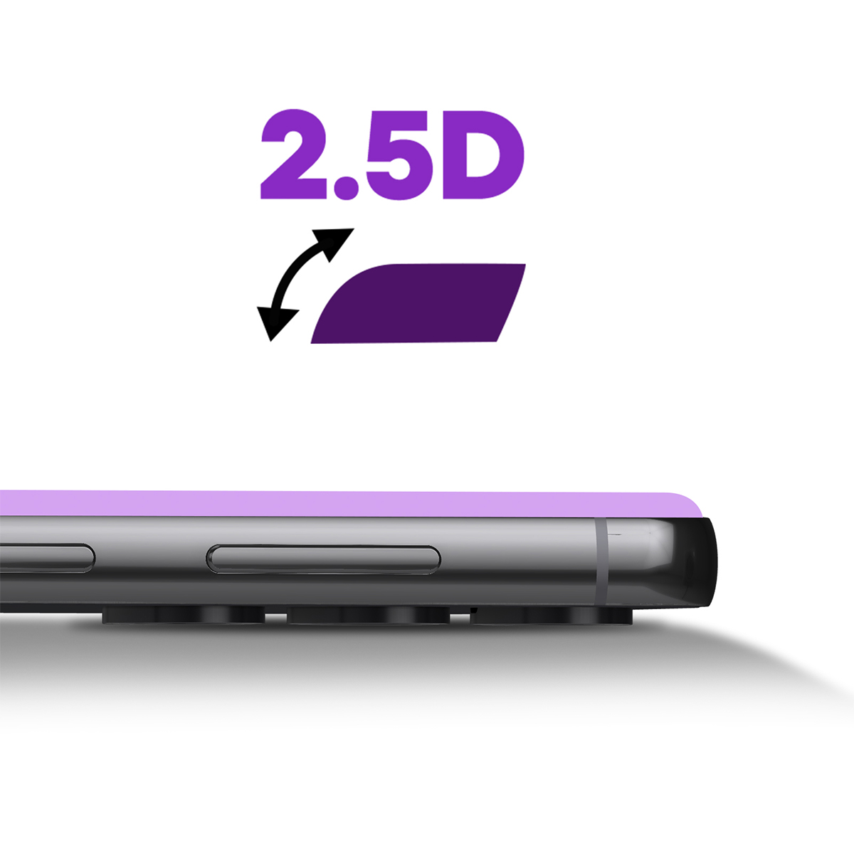 Gros plan d'un smartphone avec couverture 2.5D et accent violet.