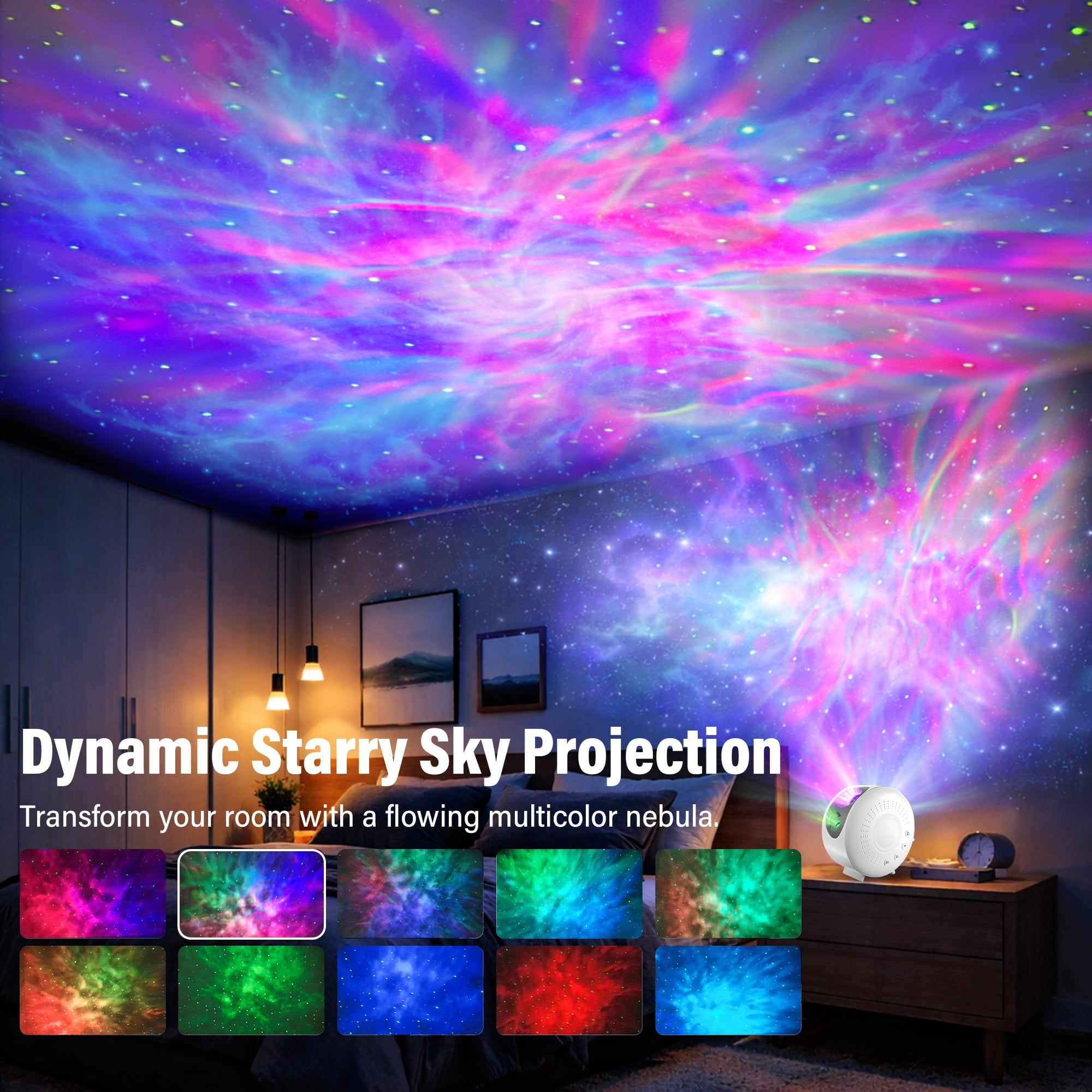 Ein Sternenhimmel-Projektor mit bunten Nebeln und Sternen beleuchtet ein Schlafzimmer.