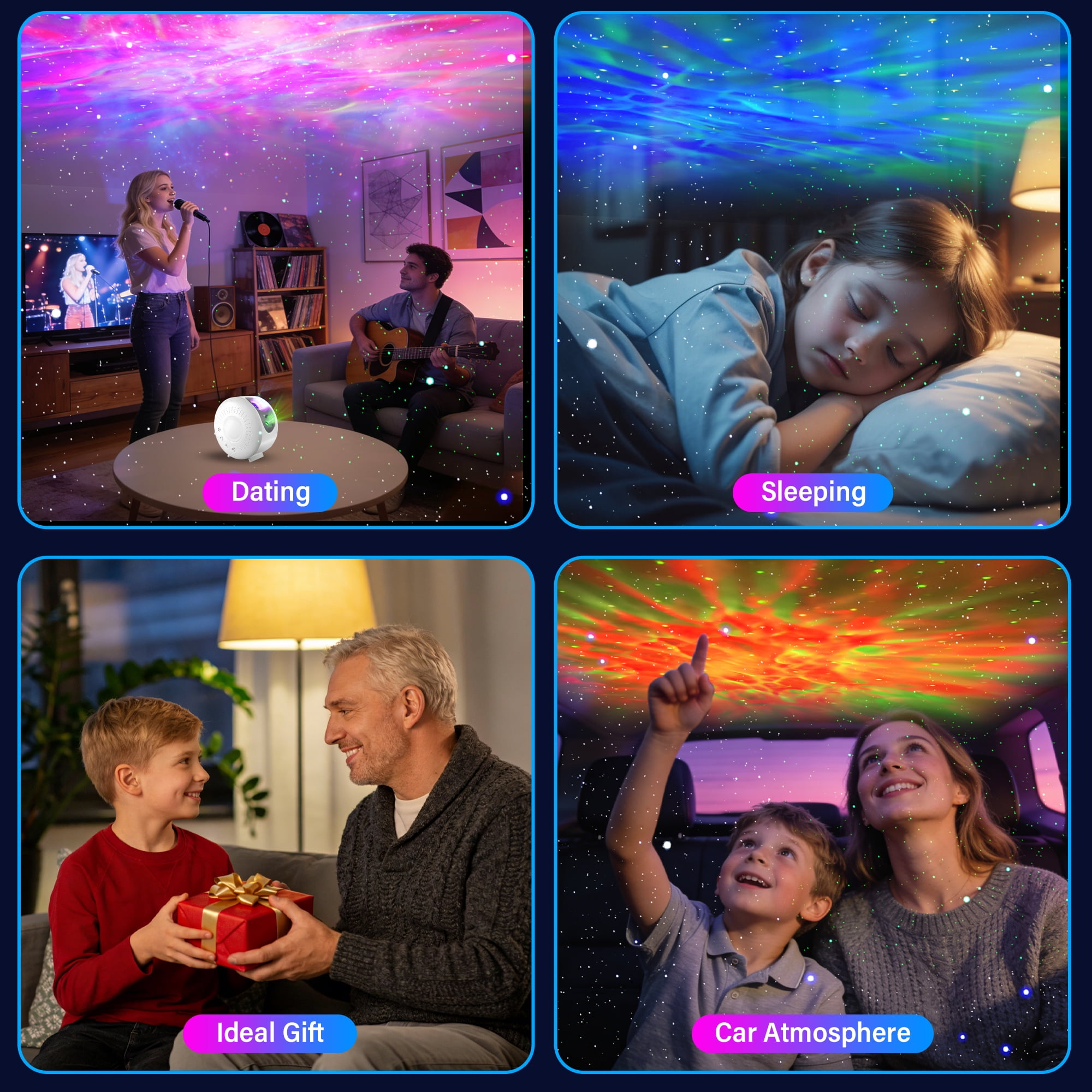 Vier Szenen: Singen, Schlafen, Geschenke, Auto-Atmosphäre mit Sternenprojektor.
