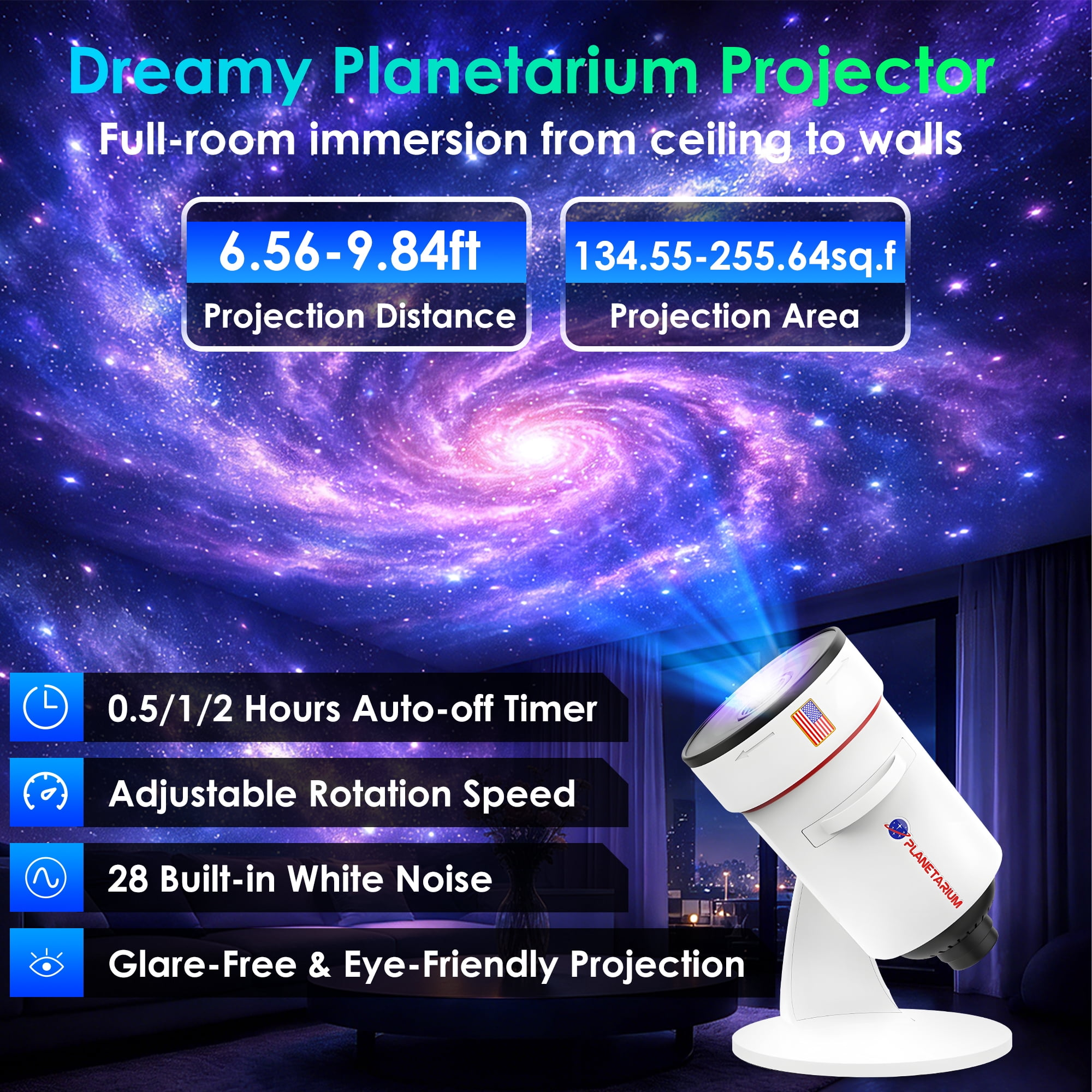 Ein Planetarium-Projektor zeigt einen Sternenhimmel. Er hat einen Timer, Timer, weißes Rauschen.