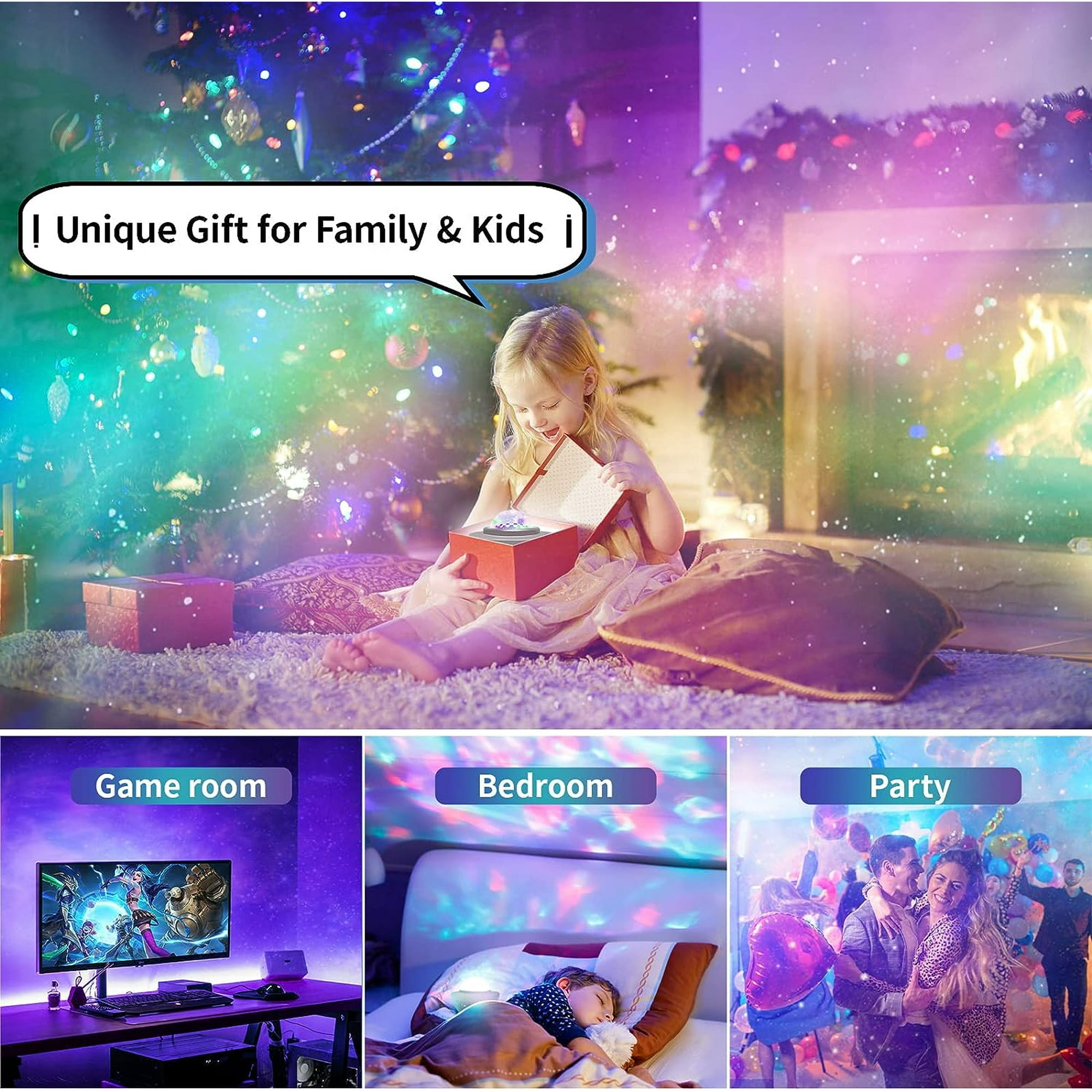 Ein Kind öffnet ein Geschenk vor einem Weihnachtsbaum; Spielzimmer, Schlafzimmer, Party.