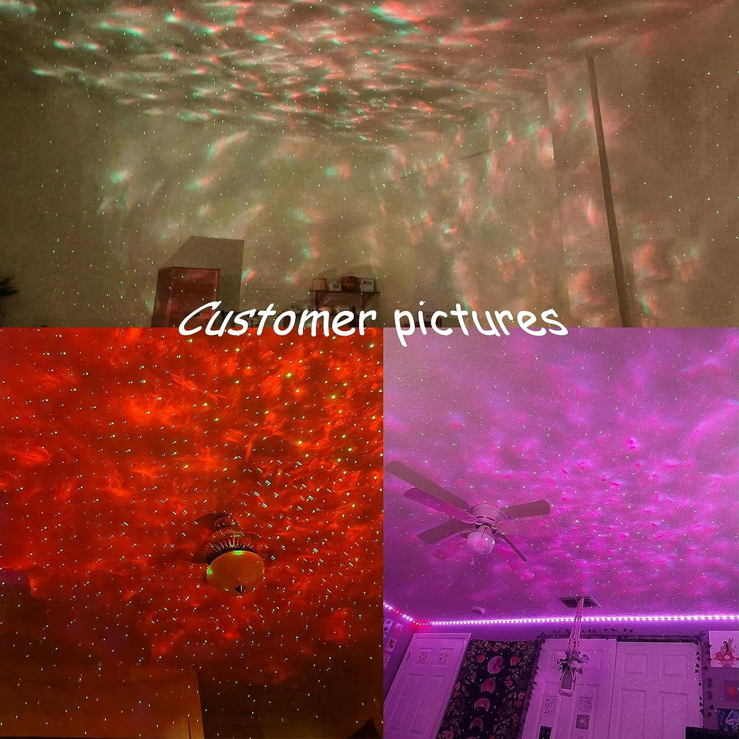 Sternenlichtprojektor beleuchtet Decken in Rot, Lila und Grün. Deckenventilatoren sichtbar.