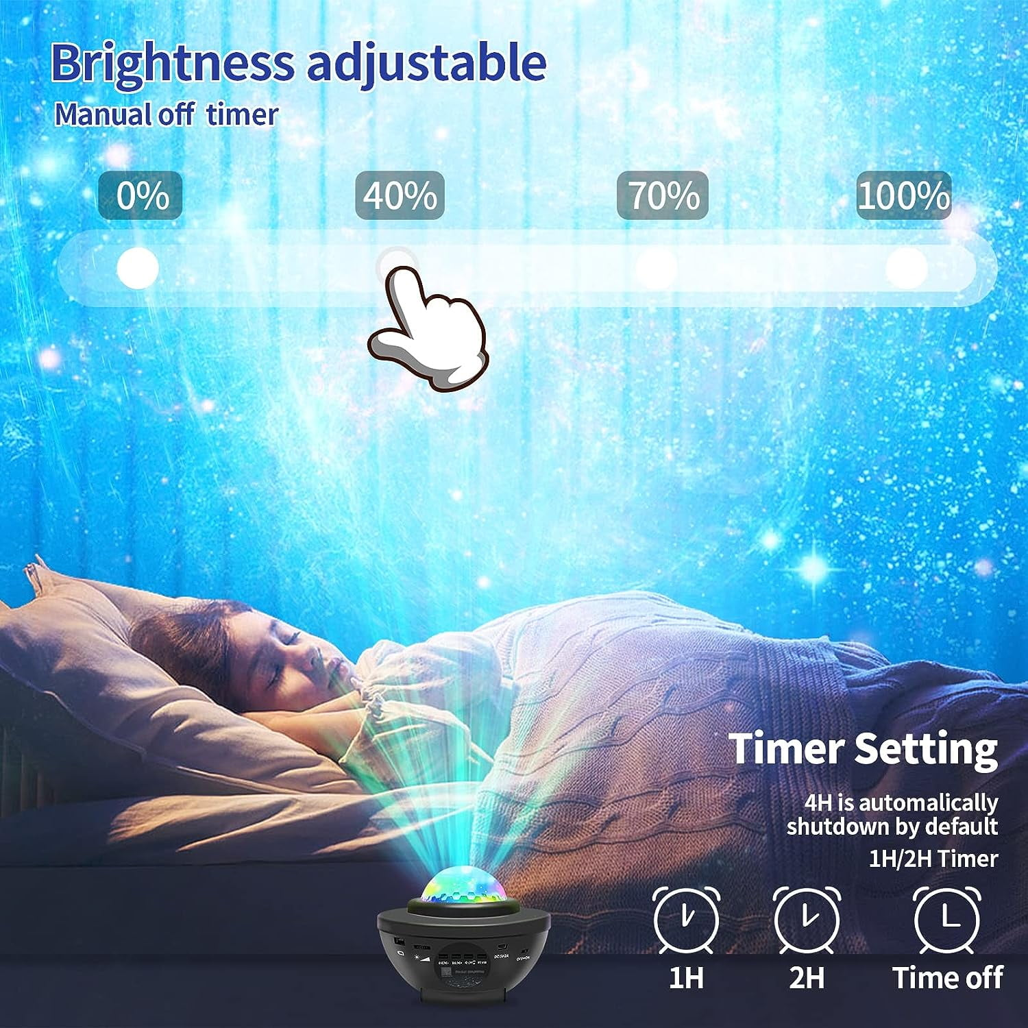 Kind schläft unter Sternenlicht-Projektor mit einstellbarer Helligkeit und Timer.