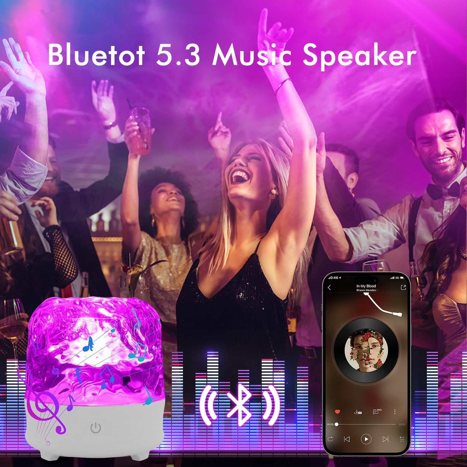 Party mit Bluetooth-Lautsprecher, Handy und Lichteffekten.