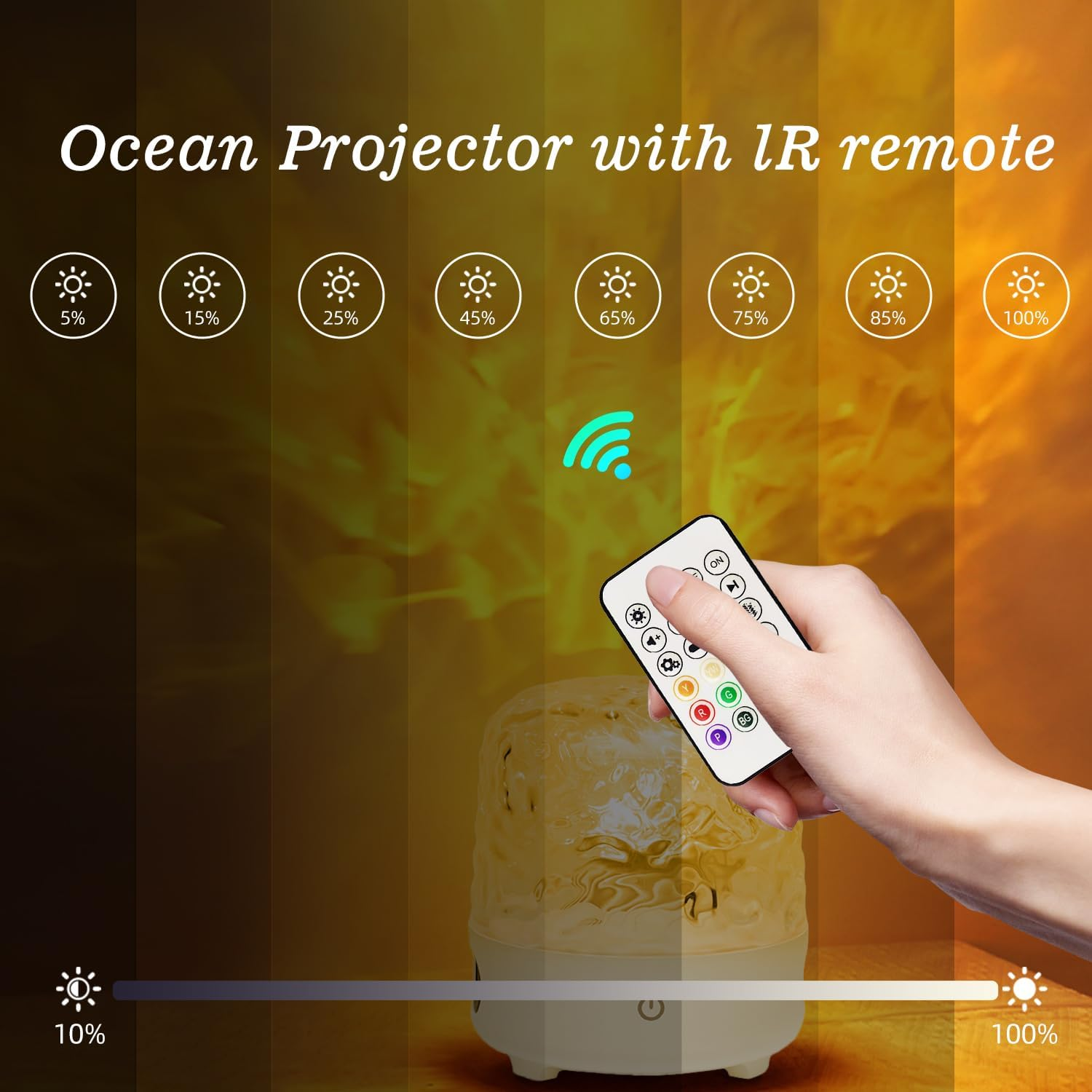 Ein Ocean Projektor mit Fernbedienung zeigt Helligkeitsstufen von 5% bis 100%.