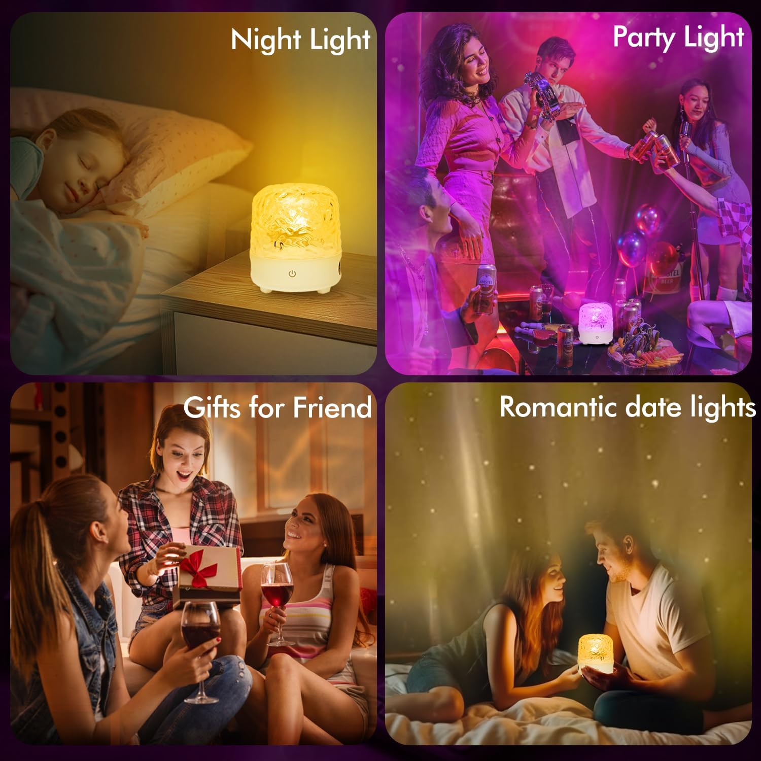 Vier Szenen: Nachtlicht, Party, Geschenke, romantisches Date.