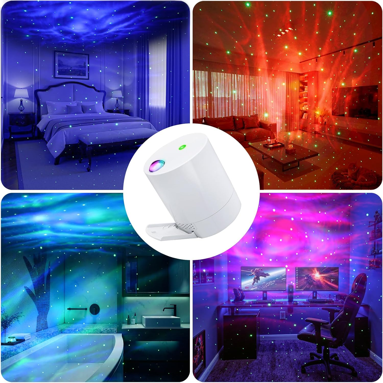 Ein Sternenprojektor beleuchtet Schlafzimmer, Wohnzimmer, Bad und Büro mit bunten Lichtern.