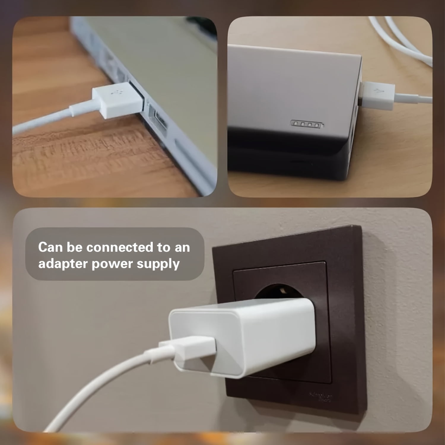 Ein weißes Ladekabel wird in einen Laptop, eine Powerbank und eine Steckdose gesteckt.