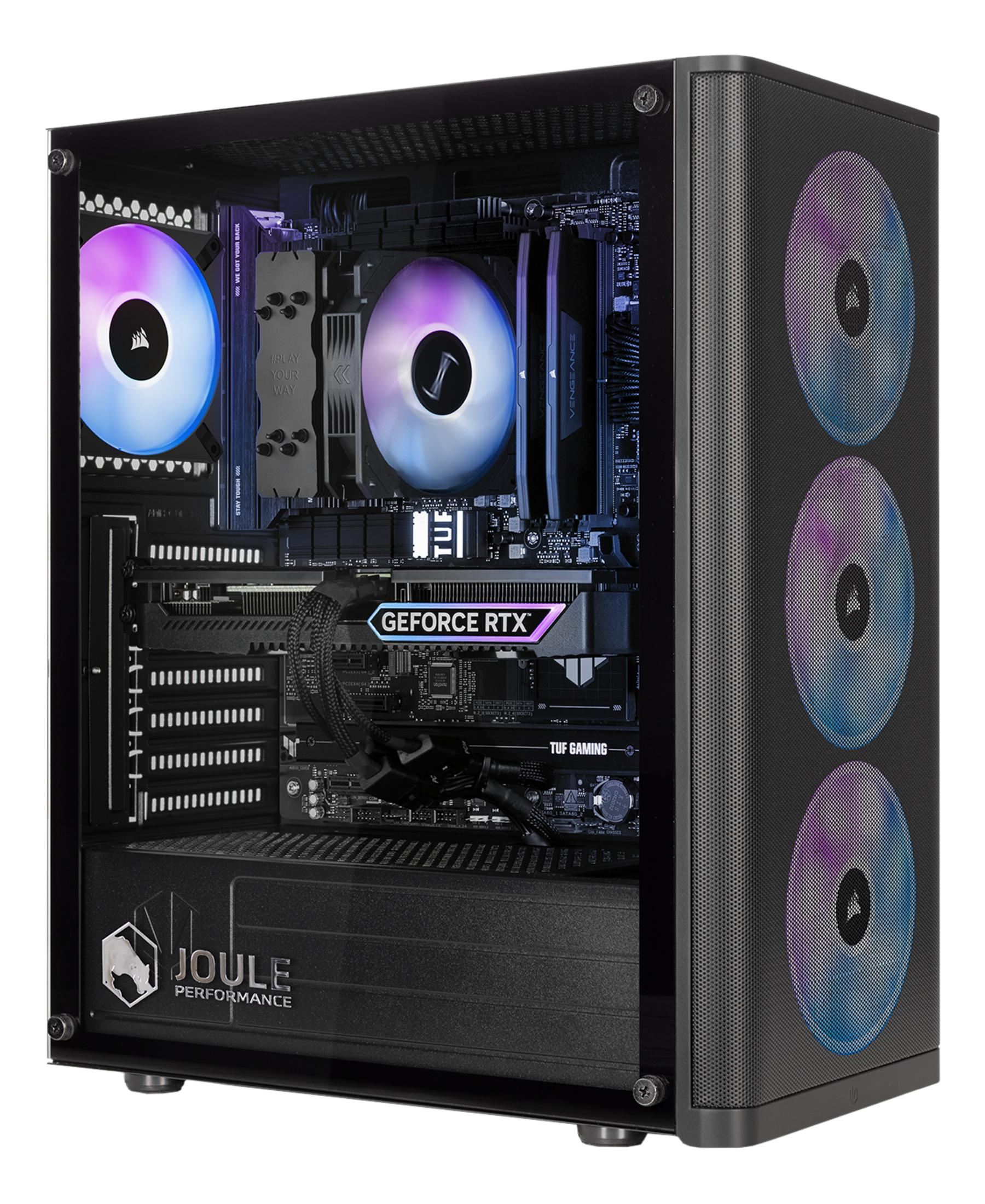 Ein offener PC mit RGB-Lüftern, Grafikkarte und CPU-Kühler.