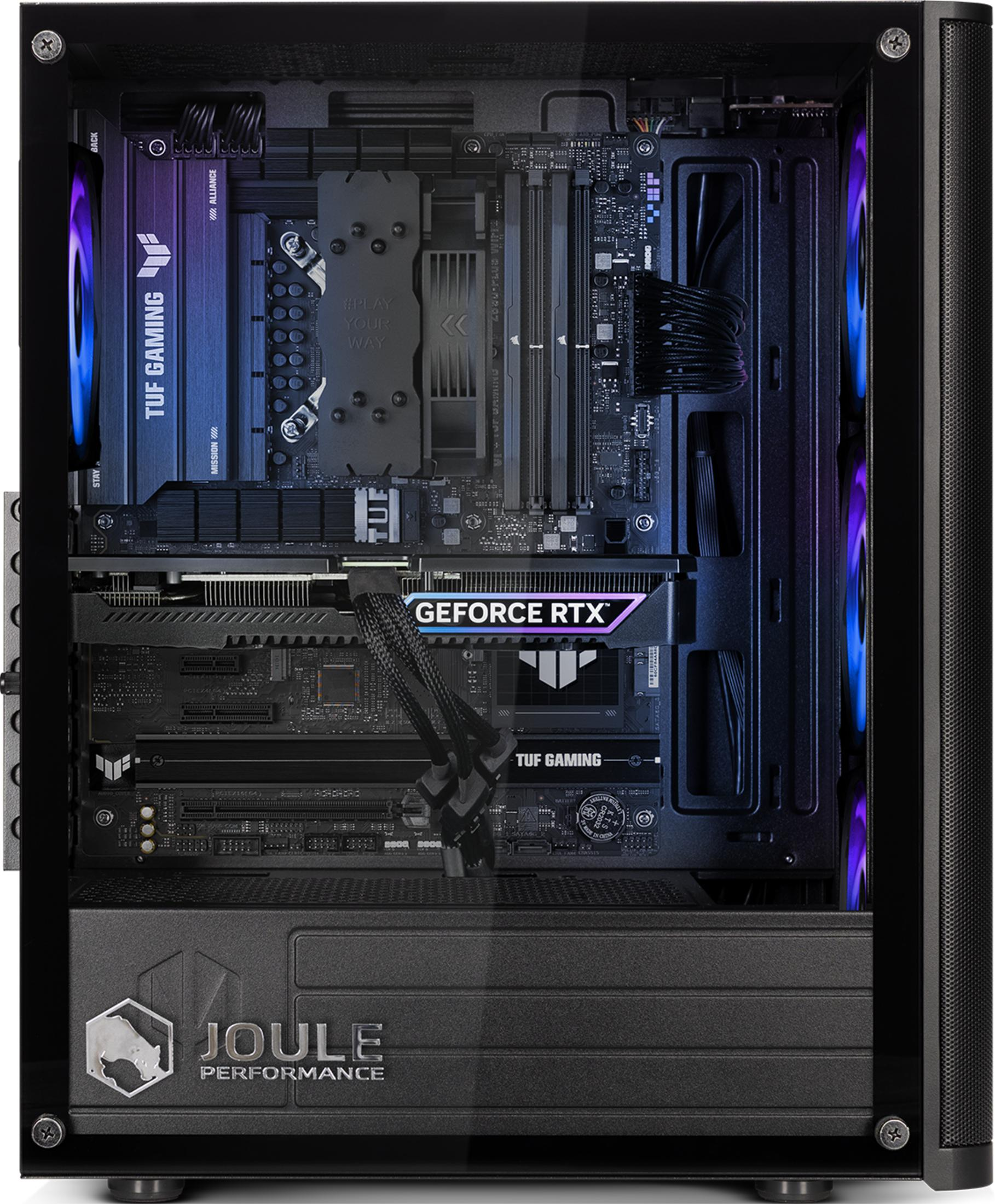 Innenansicht eines schwarzen PC-Gehäuses mit RGB-Lüftern, GPU und Motherboard.