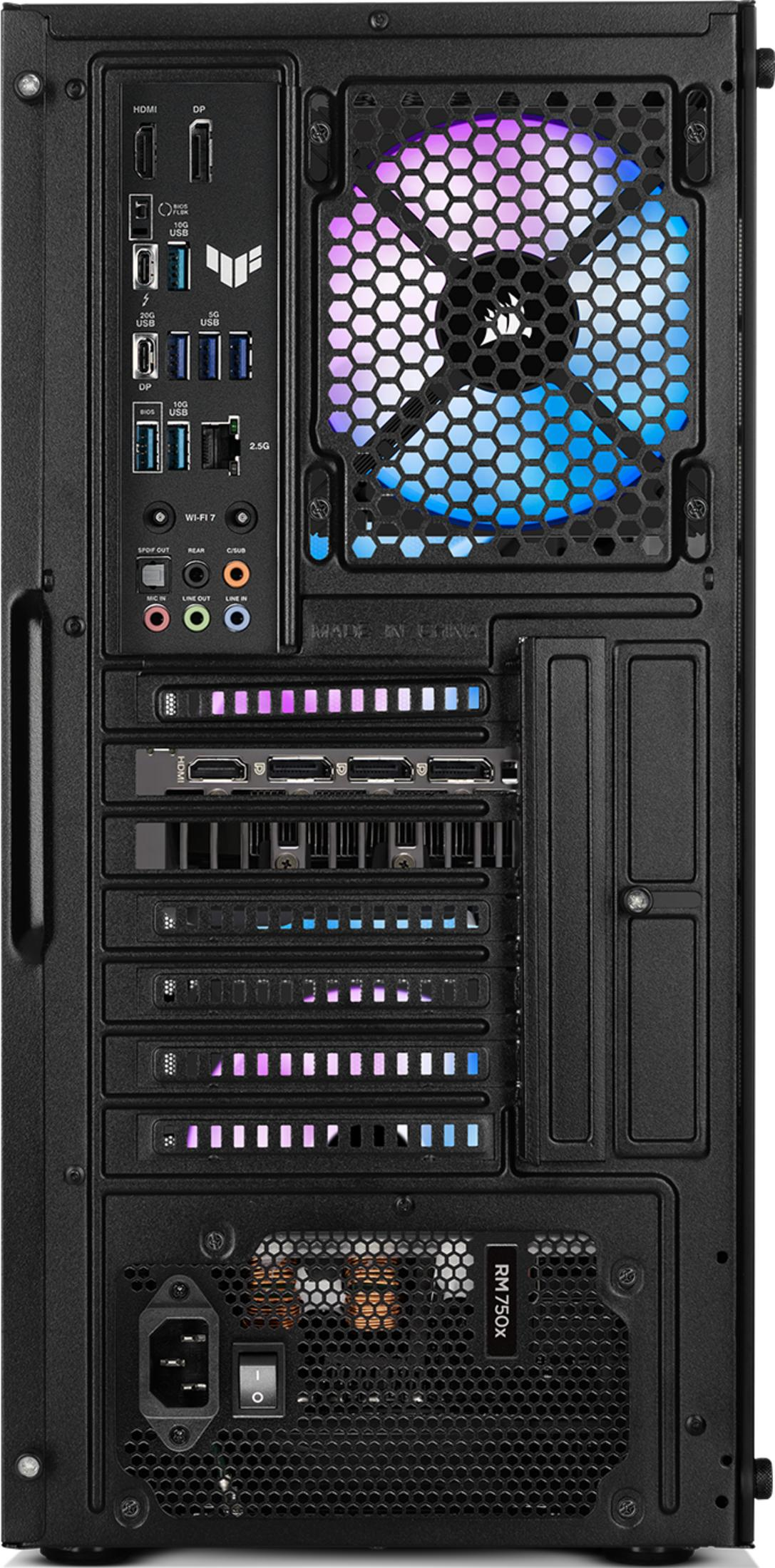 Rückansicht eines schwarzen Computergehäuses mit Anschlüssen, Lüfter und Netzteil.