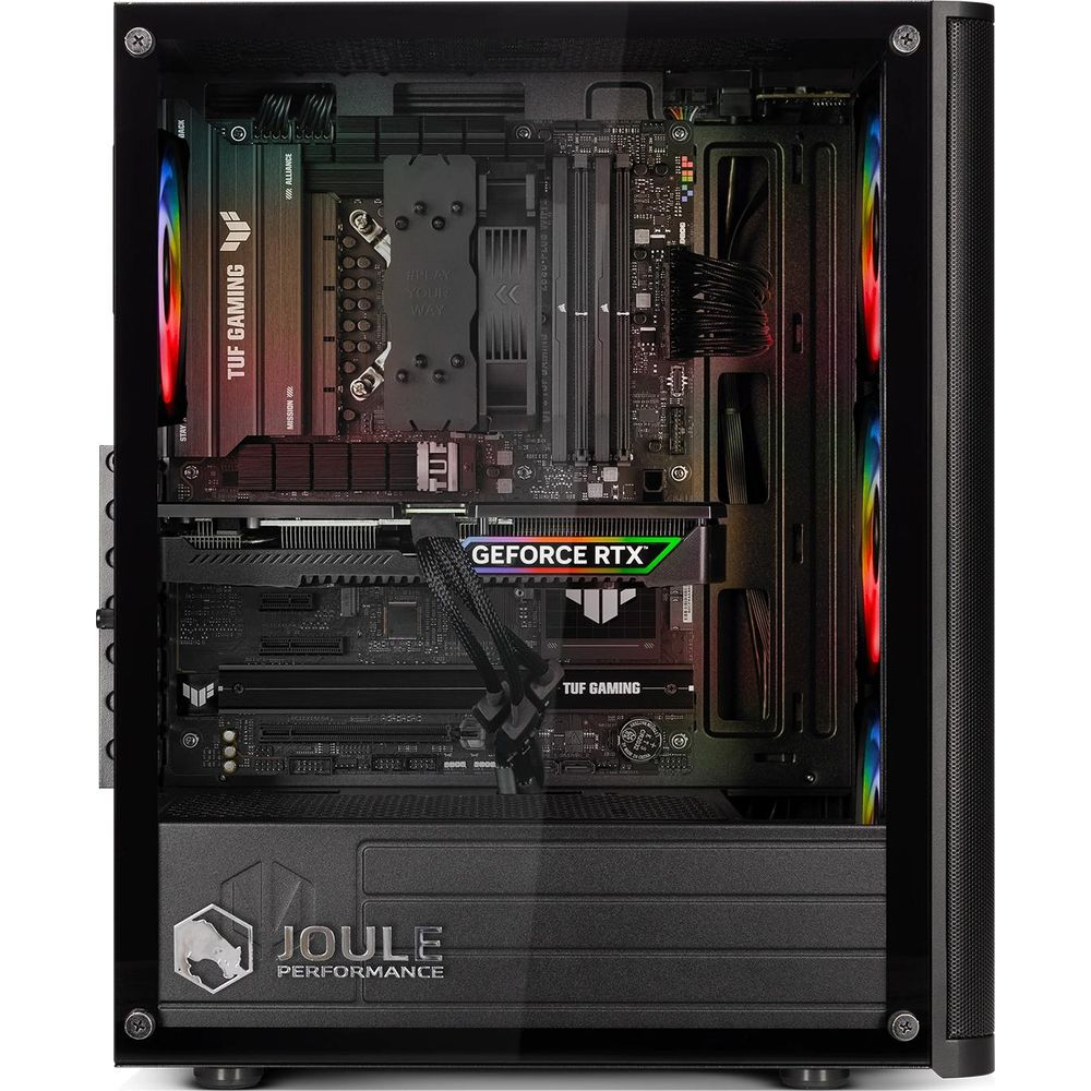 Ein PC-Gehäuse mit beleuchteter Hardware, einschließlich RGB-Lüftern und einer Grafikkarte.