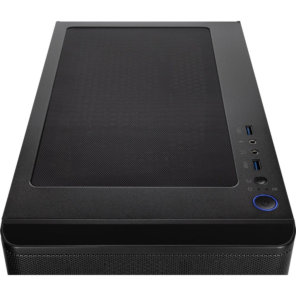 Schwarzes Computergehäuse mit USB-Anschlüssen und Power-Knopf oben.