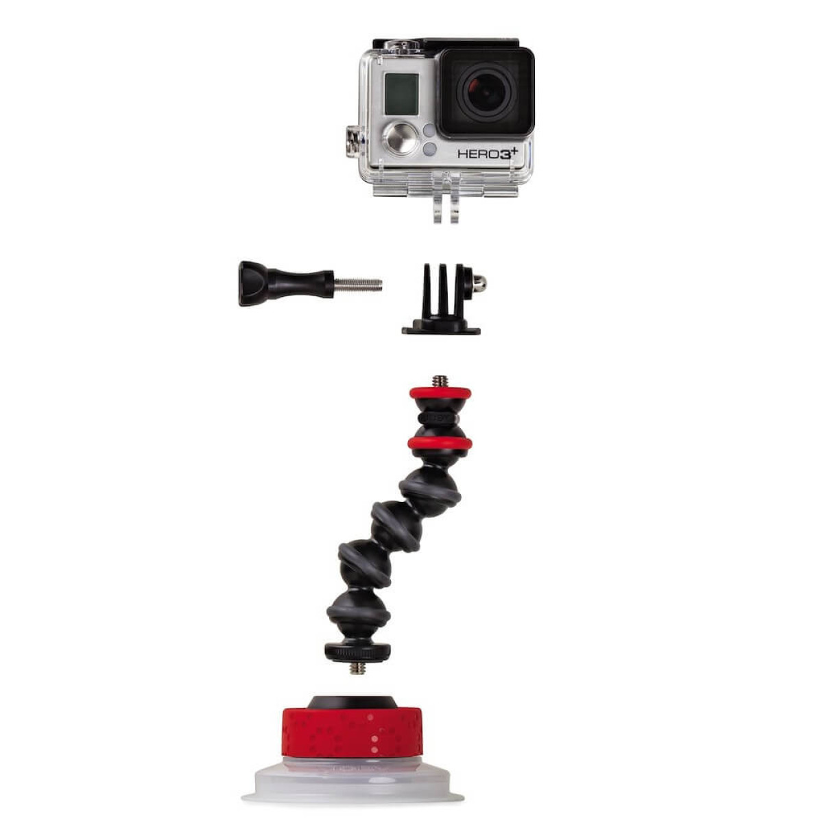 Fotocamera GoPro Hero3+ con accessori: supporto ventosa, treppiede flessibile, viti.