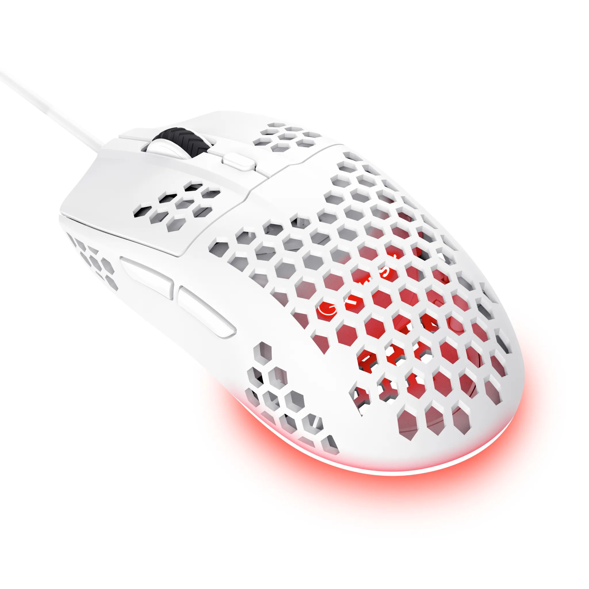 Weiße Gaming-Maus mit Wabenmuster und roter Beleuchtung.